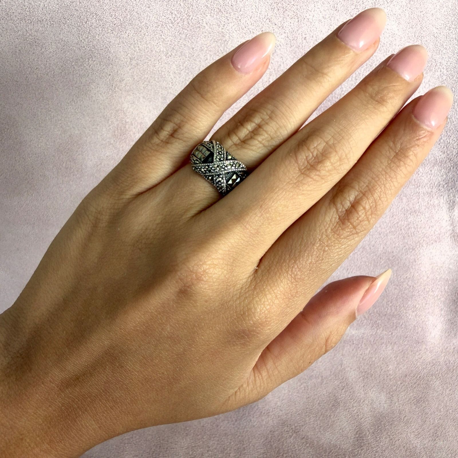 Sterling Silver sterling silver marcasite studded x dome ring size 5.5 Size ONE SIZE - 2 Thumbnail