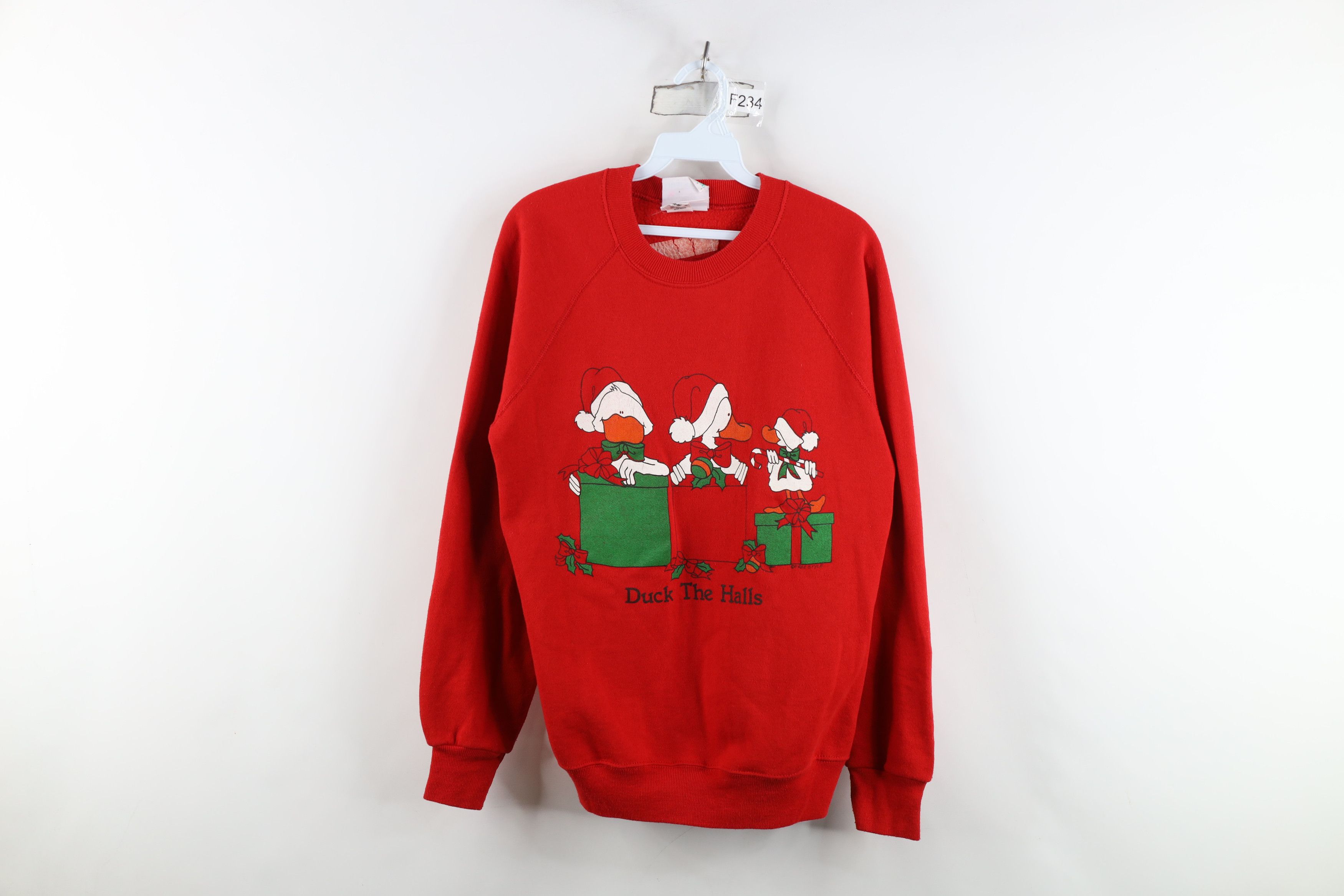 Vintage Vintage 80s Christmas Duck the Halls Sweatshirt Red USA Size M / US 6-8 / IT 42-44 - 1 Thumbnail