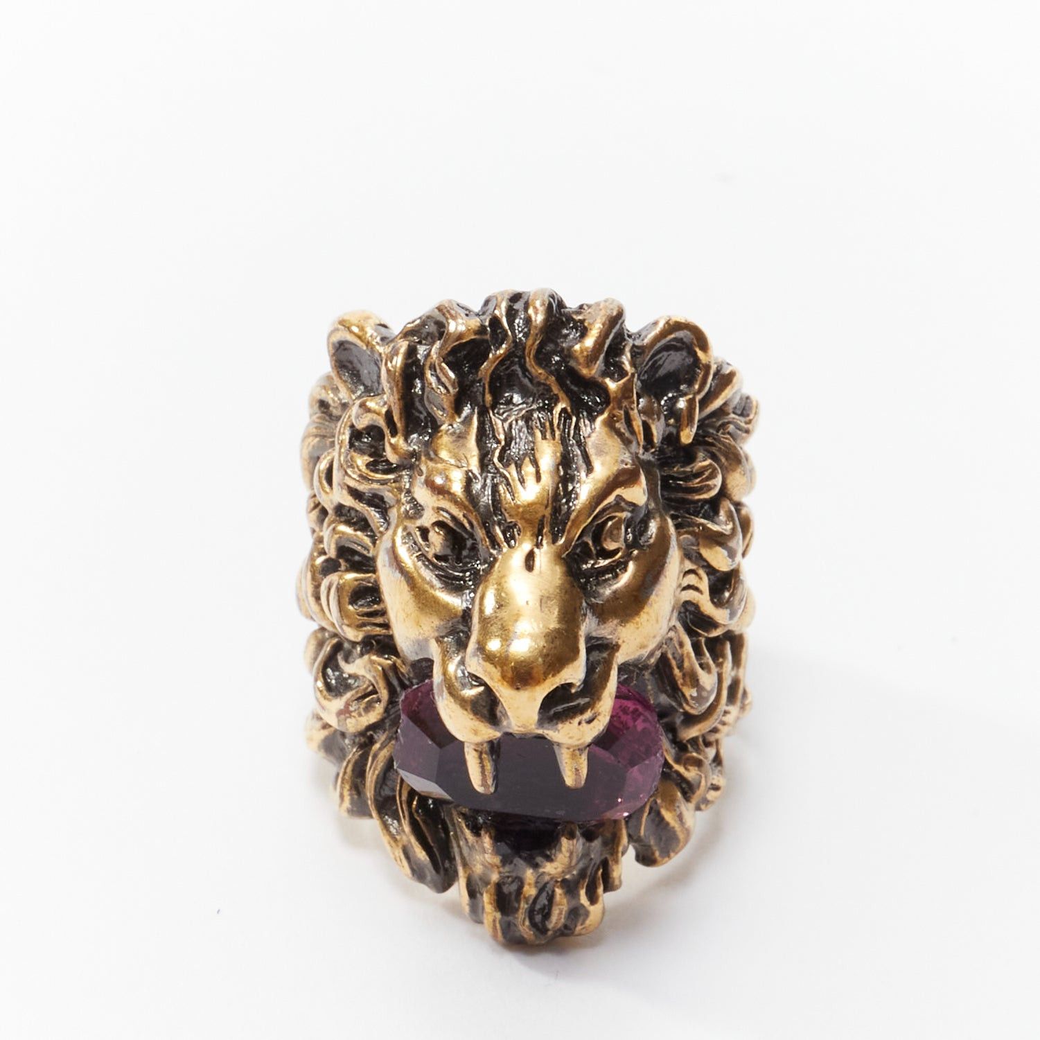 image of Gucci Alessandro Michele Gold Lion Purple Crystal Oversized Cocktail Ring Sz0, Women's