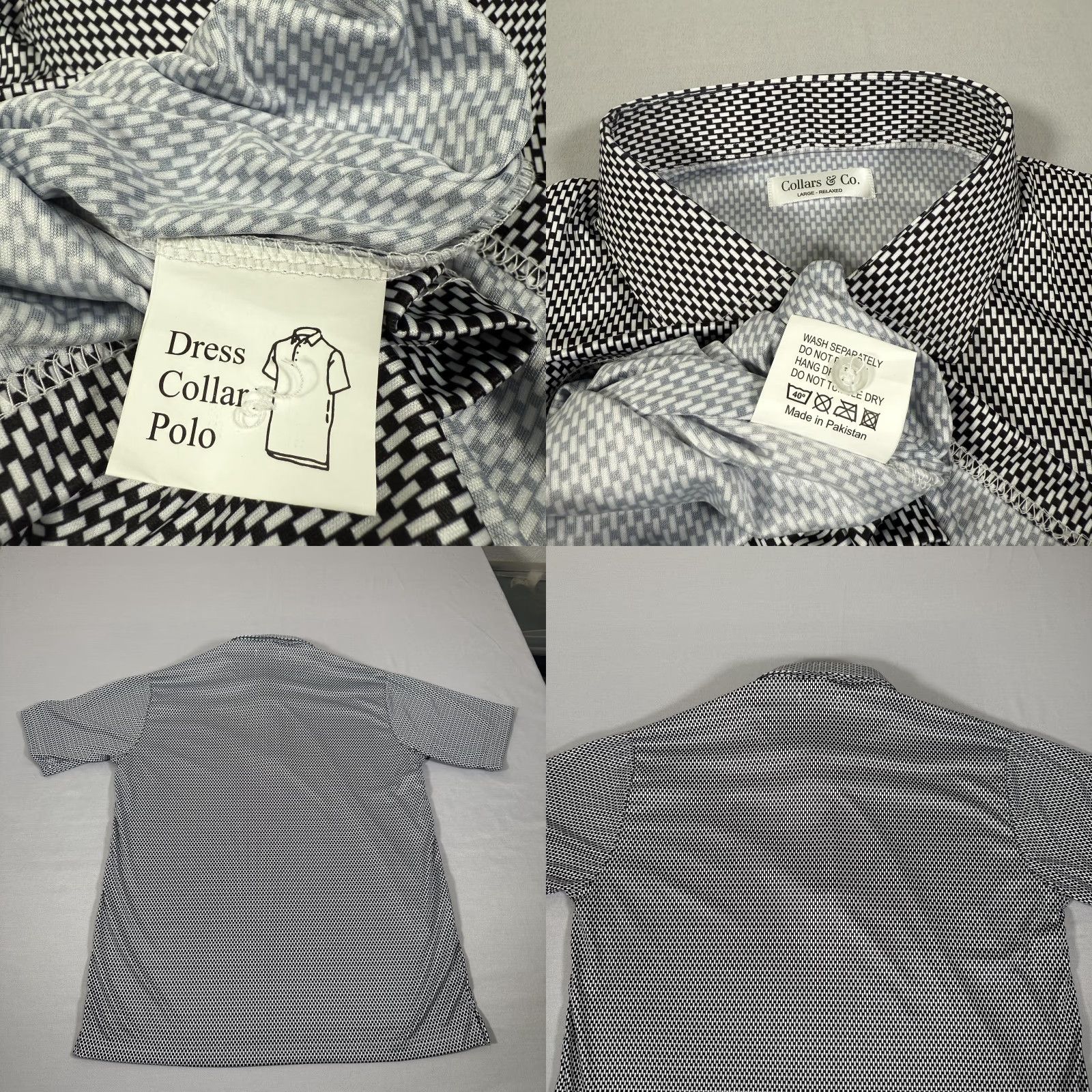 CO Collars & Co. Polo Shirt Mens Large Black Geometric Dress Collar Relaxed Fit Lightweight Knit Short Sleeve Buttoned Polo Shirt Mens Size 42R - 8 Thumbnail