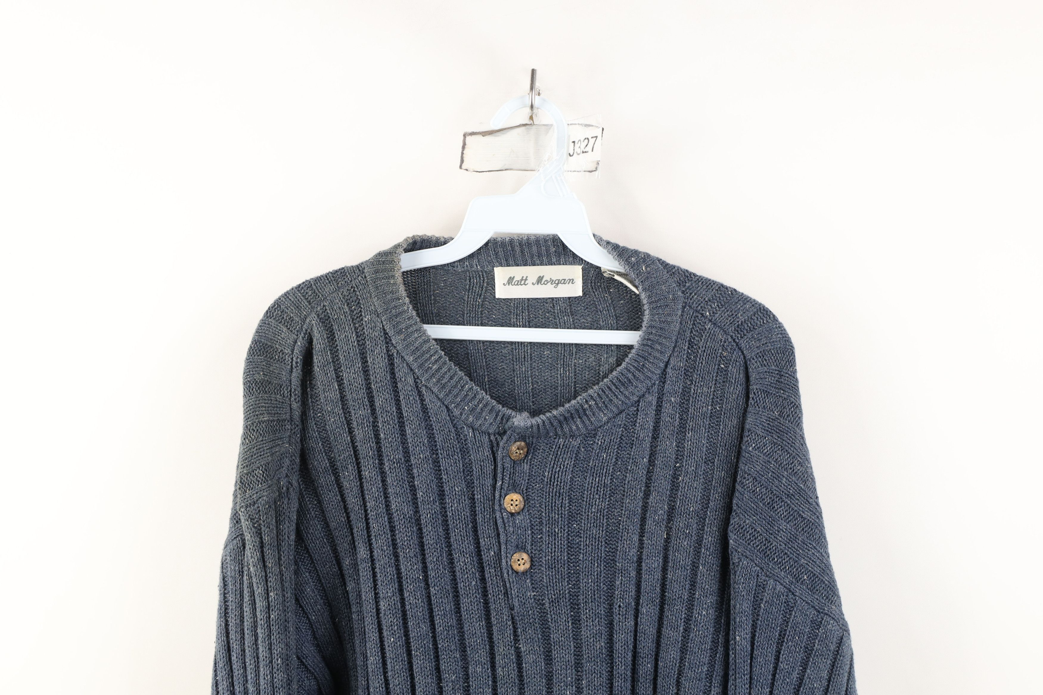 Vintage Vintage 90s Streetwear Ribbed Knit Henley Sweater Blue Size US M / EU 48-50 / 2 - 2 Thumbnail