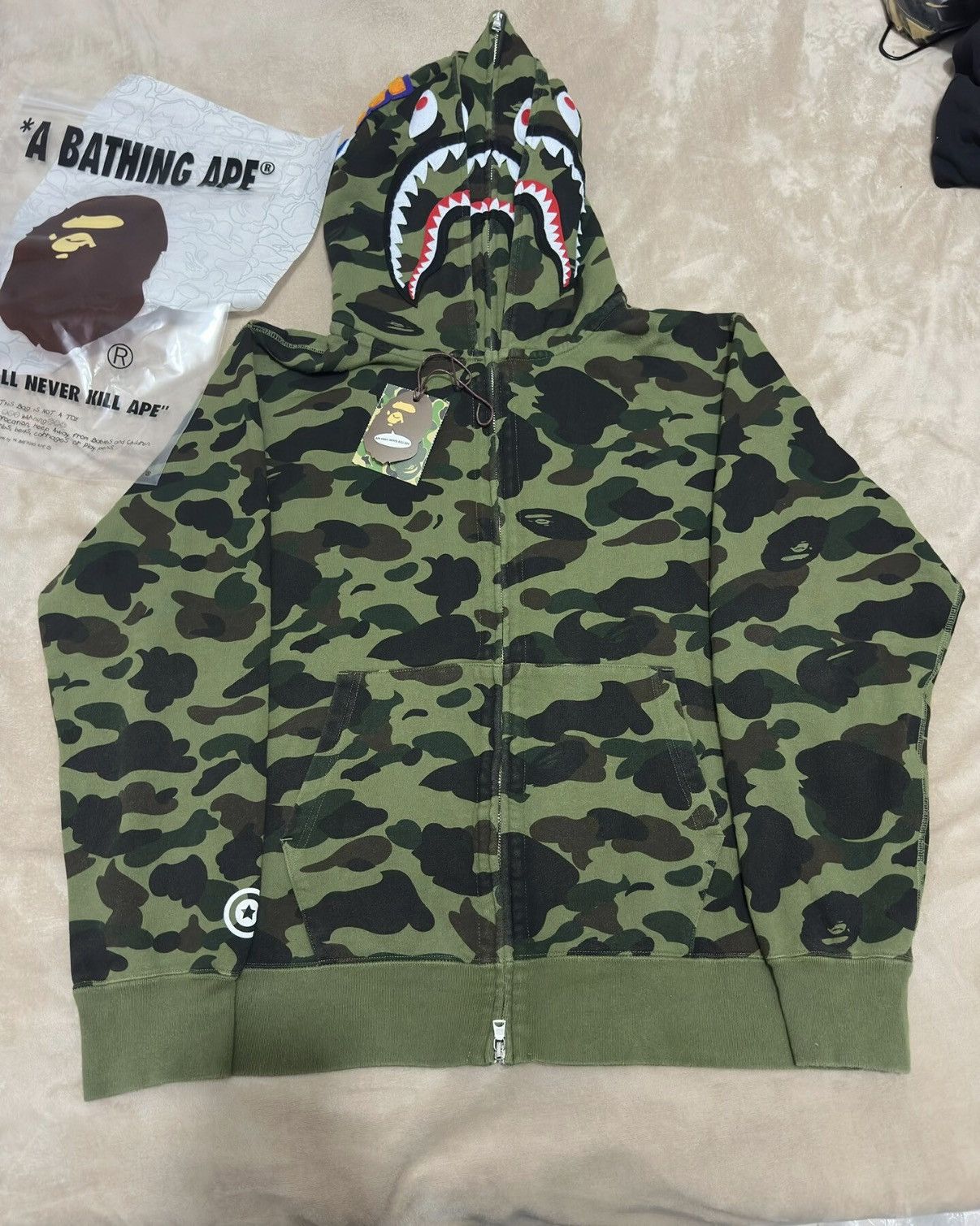 A BATHING APE Green Camo Double Hood Shark Hoodie K5