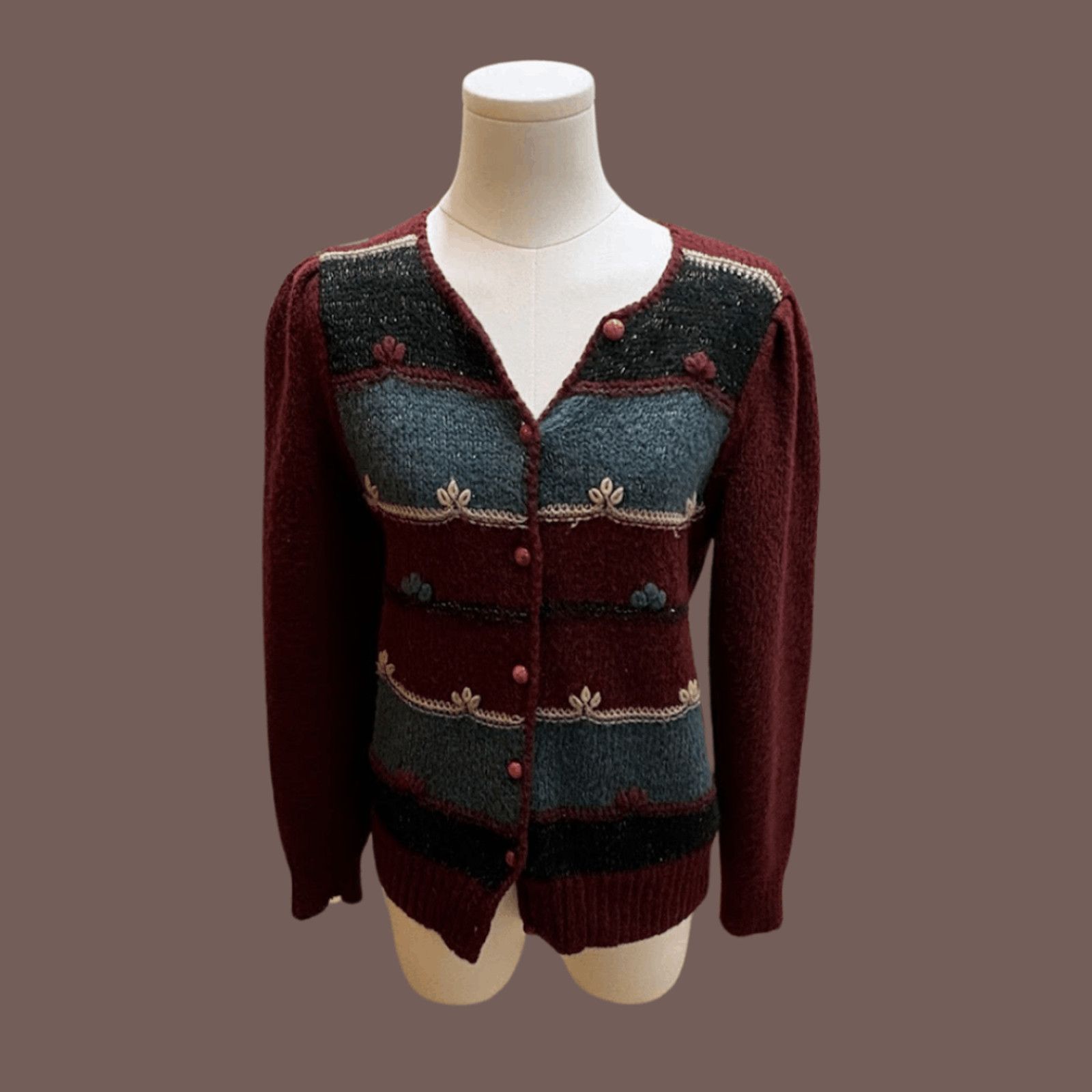 Vintage VTG Knit Cardigan | Flocks Sheep Burgundy | 50s Grannycore Size S / US 4 / IT 40 - 1 Thumbnail