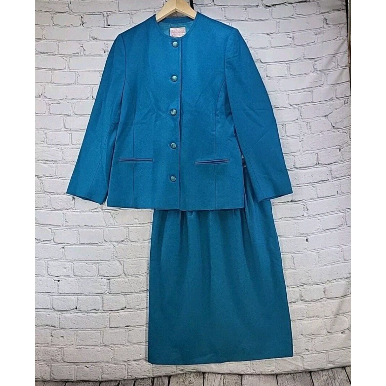 image of Vintage Pendleton Womens Suit Blue 100% Virgin Wool Blazer (Sz 8) Midi Skirt (6) in White (Size Med