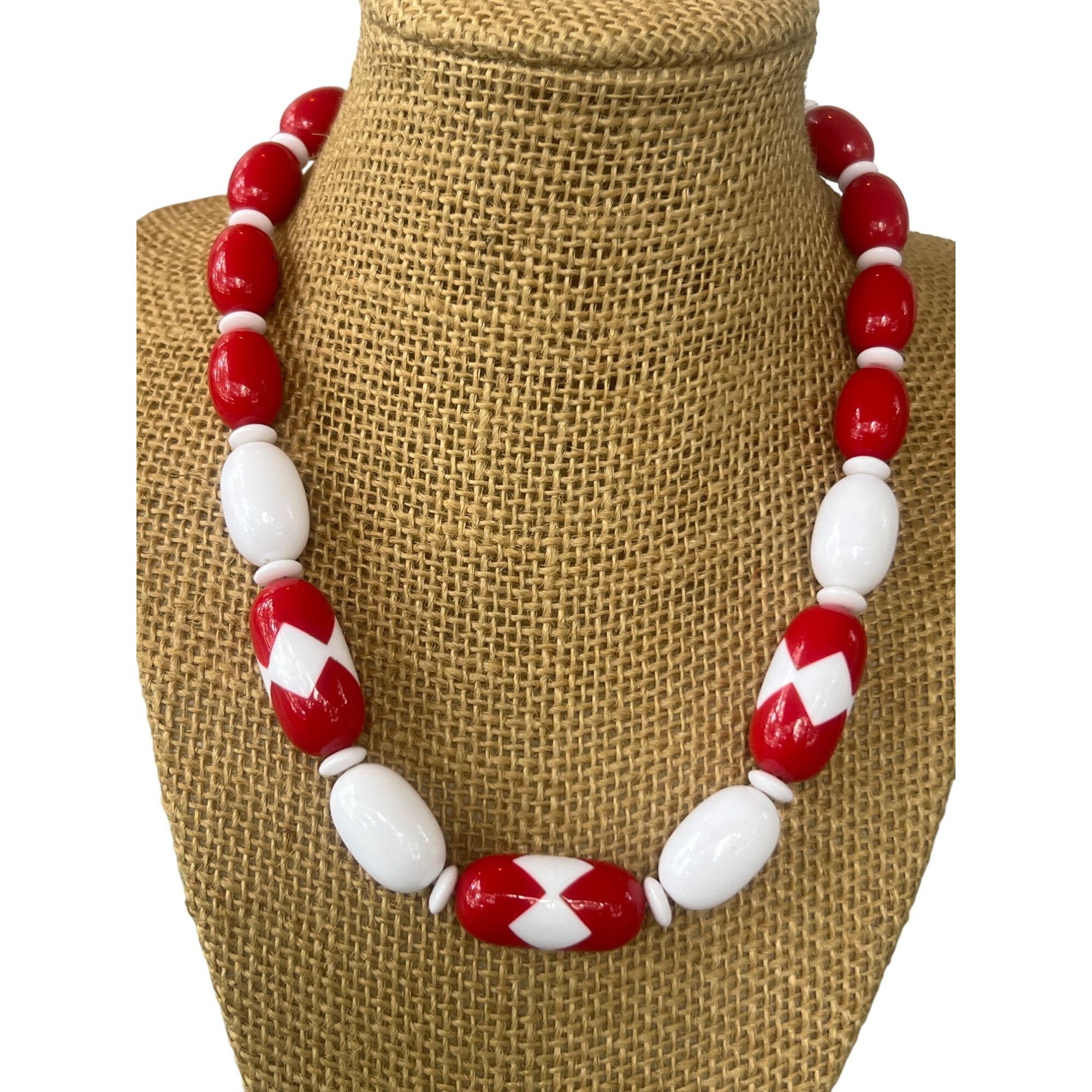 Other Vintage Red White Bead Necklace With Oval Geometric Beads MC Size ONE SIZE - 1 Thumbnail