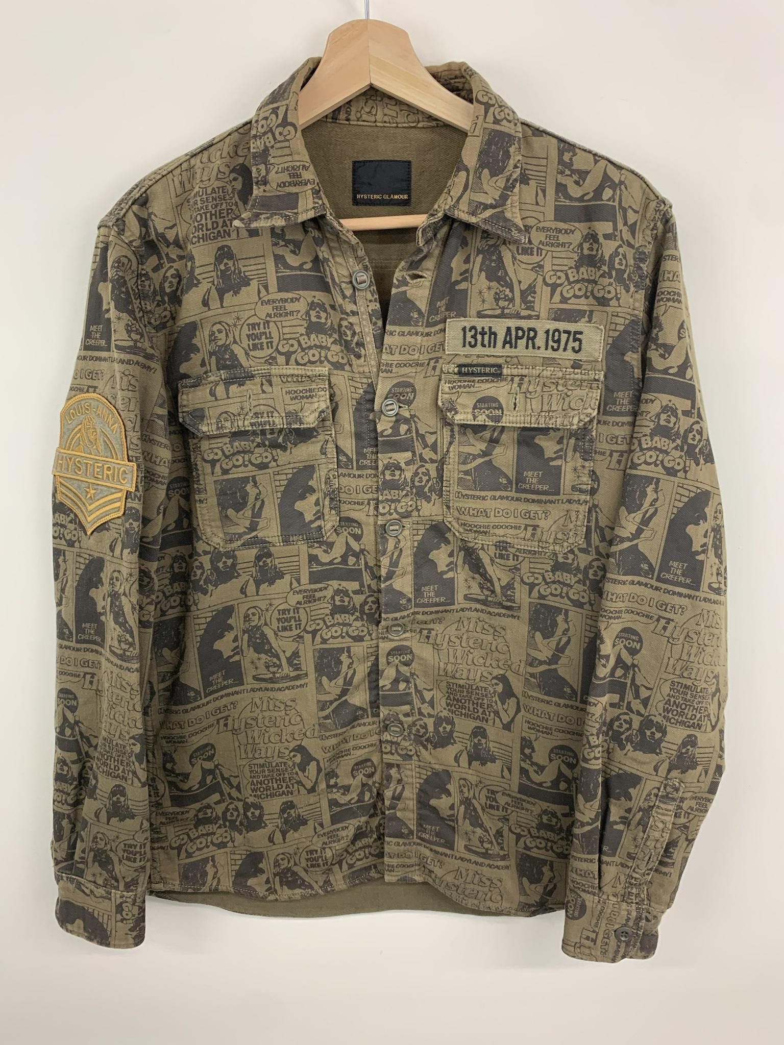 image of Hysteric Glamour Lined Button Up With Patches And Comis Print in Olive, Men's (Size Medium)
