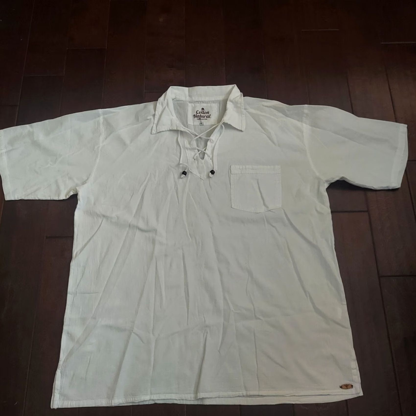 Vintage Cotton Natural Men's White Short Sleeve T-Shirt Front Pocket Drawstrings Beads 3XL Hawaiian Solid Shirt Mens Size US XXL / EU 58 / 5 - 3 Thumbnail