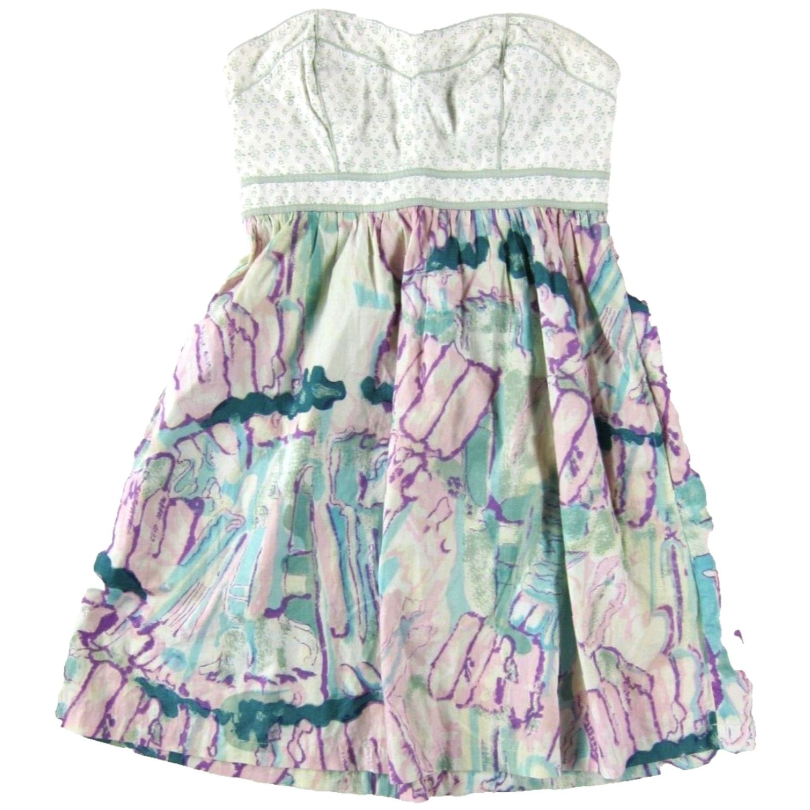 Vintage Kimchi Blue Cotton Green Ivory Purple Floral Abstract Pocket Strapless Dress 4 Size S / US 4 / IT 40 - 2 Thumbnail