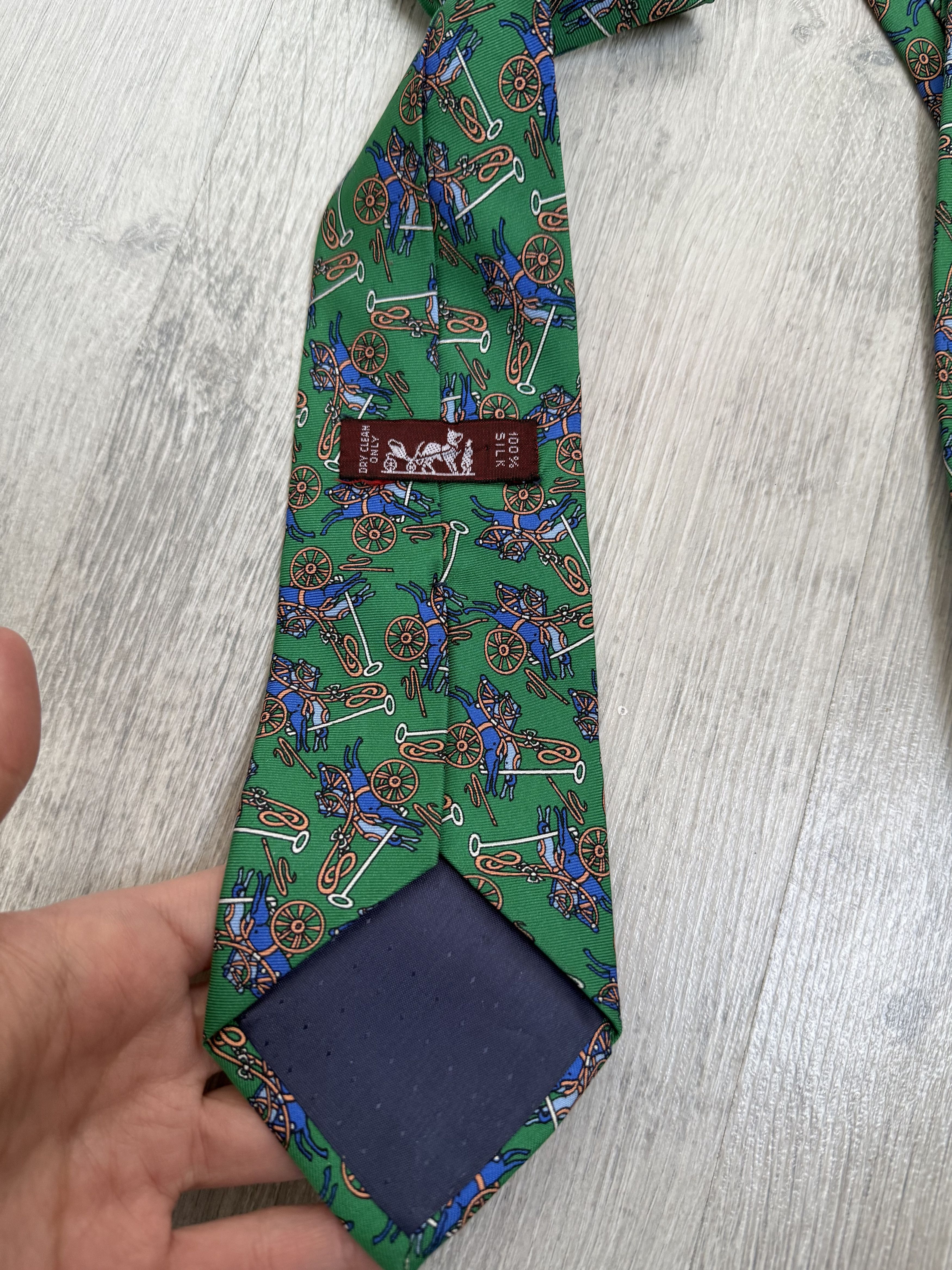 Hermes Hermes Paris Silk Tie Green Equestrian Horse Carriage Print Size ONE SIZE - 3 Thumbnail