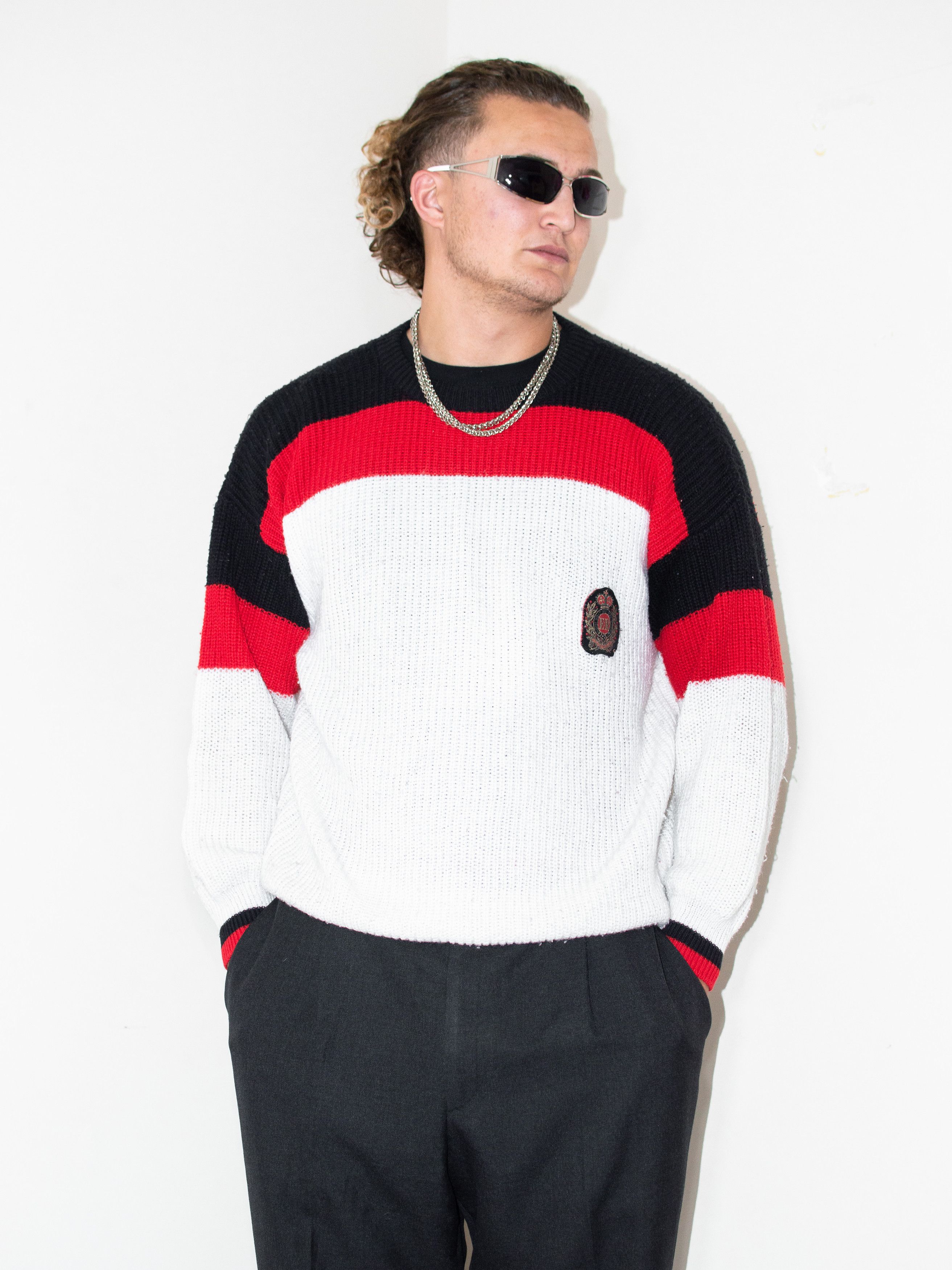 Designer × Vintage 80s Vintage Knitted Black Red Stripe Boxy Fit Sweater Size US L / EU 52-54 / 3 - 1 Thumbnail