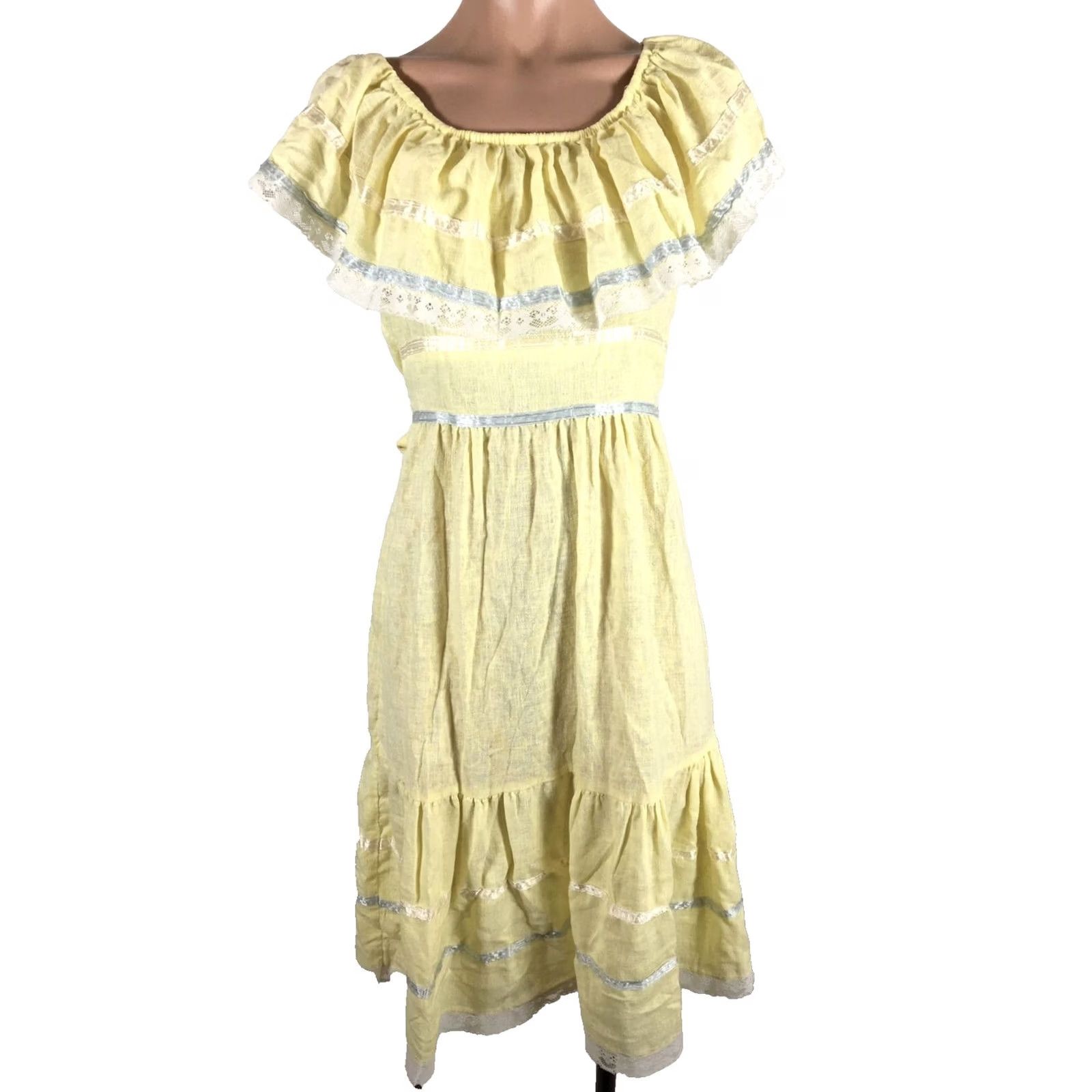 Vintage VINTAGE Papermoon Sundress Off Shoulder Tiered Lace Cottage Core 70s Yellow Cotton Blend 7 Womens Dress Size M / US 6-8 / IT 42-44 - 2 Thumbnail