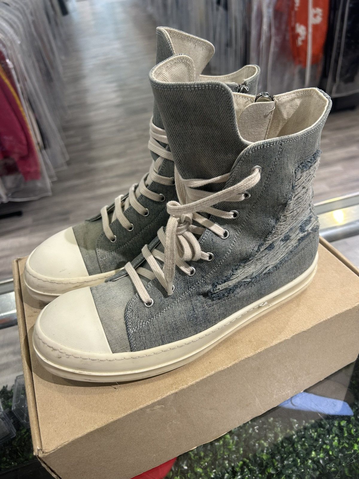 Rick Owens DRKSHDW Distressed Denim High-Top Sneakers