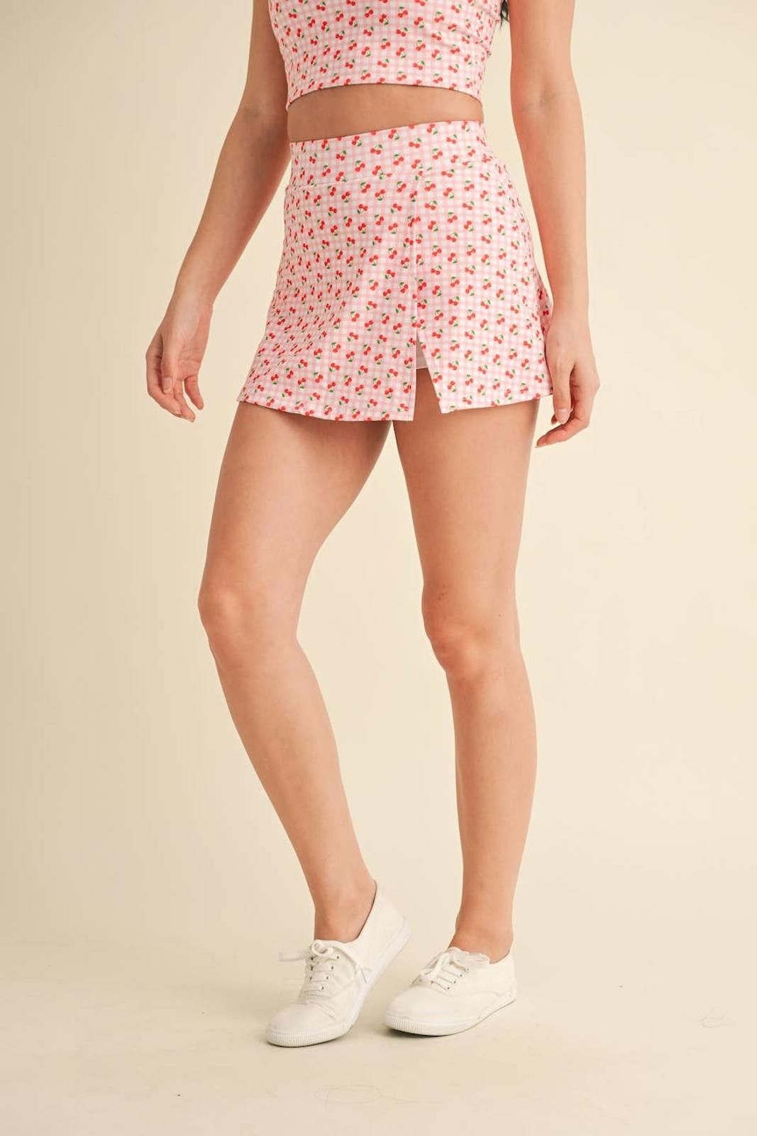 Christian Kimber Cherry Gingham Print Side Slit A-Line Skort with Pocket Size ONE SIZE - 4 Thumbnail