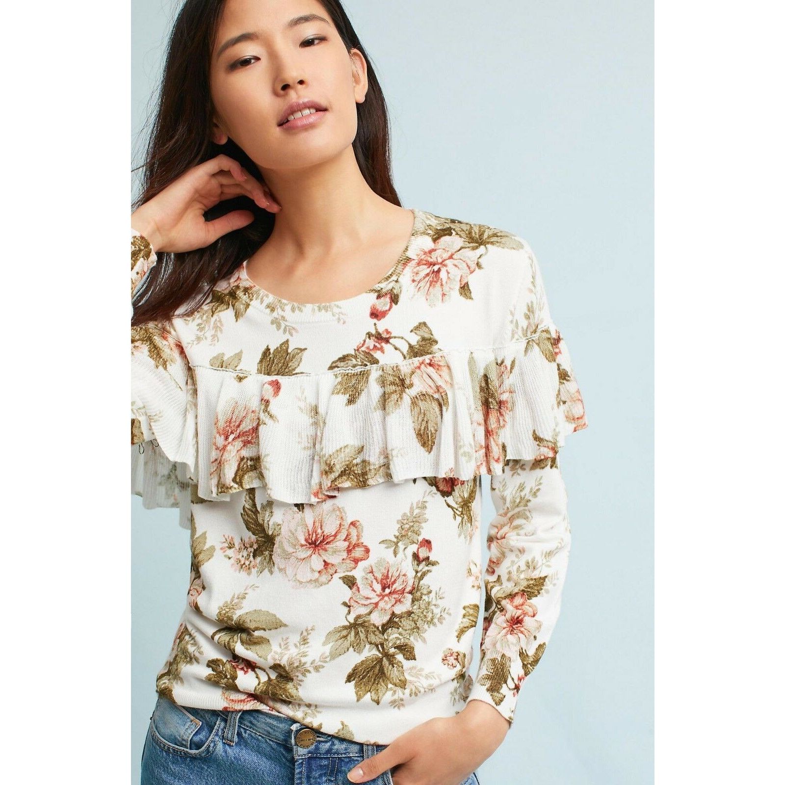Anthropologie New Harlyn Floral Ruffled Pullover $118 Small Long Sleeve Size S / US 4 / IT 40 - 1 Thumbnail
