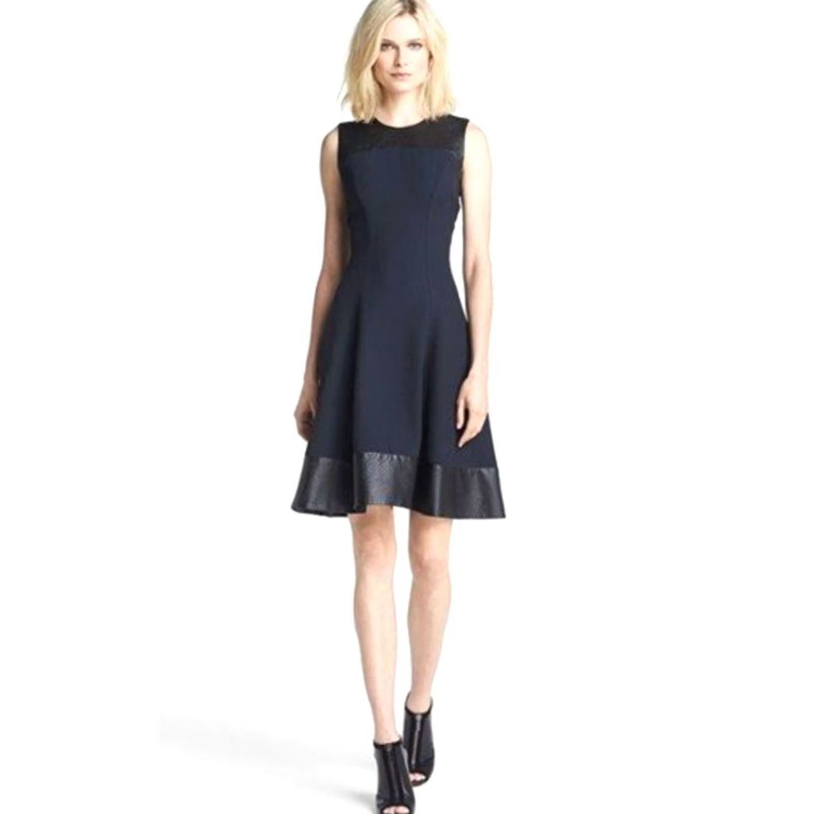 L'AGENCE L'Agence Dress Sleeveless Round Neck Zip Knee Length Black Embossed Leather Trim Ponte Knit Sz 4 Regular Womens Fashion Size S / US 4 / IT 40 - 2 Thumbnail
