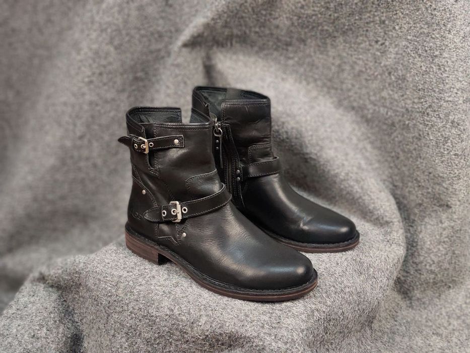 image of Designer Ugg Australia Fabrizia Buckle Biker Ankle Leather Boots in Black, Women's (Size 10)