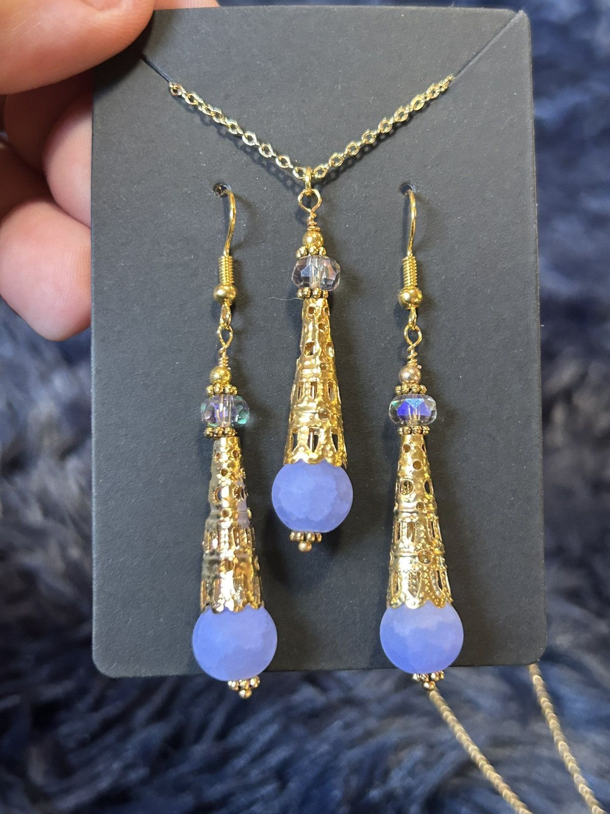 Handmade Handcrafted periwinkle crackle glass gold filigree coil set Size ONE SIZE - 2 Thumbnail