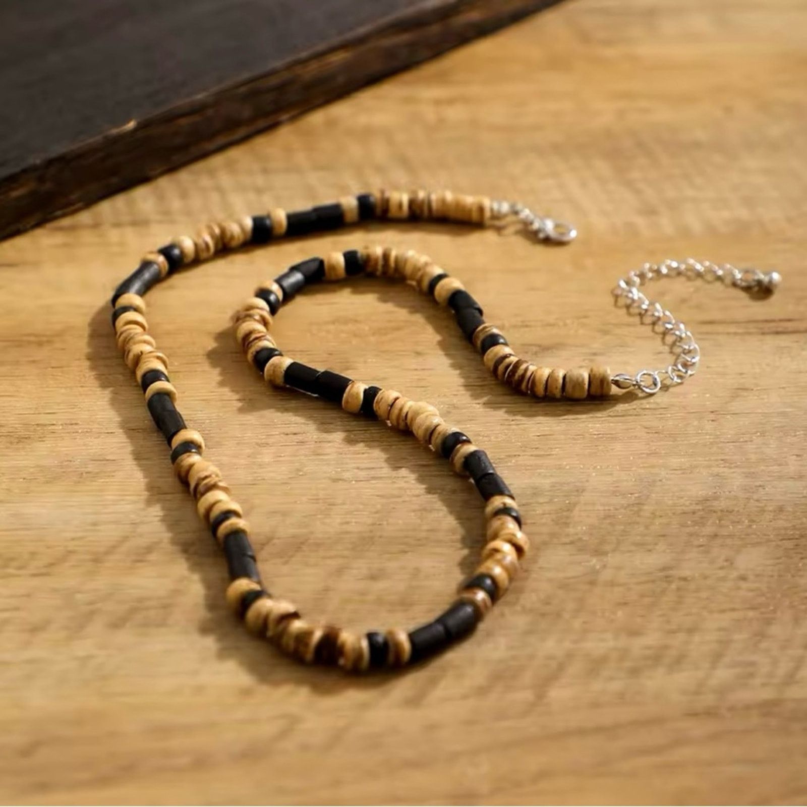 Other Brown and Black Small Beaded Chain Necklace Men Trendy Wood Size ONE SIZE - 3 Thumbnail