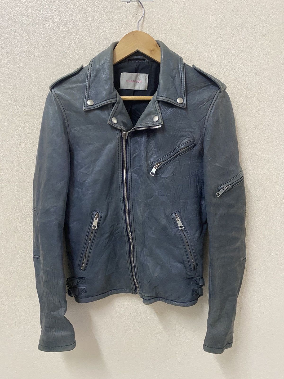 Vintage MuseRoom Blue Leather Biker Jacket Distressed Moto Style Size US S / EU 44-46 / 1 - 2 Thumbnail