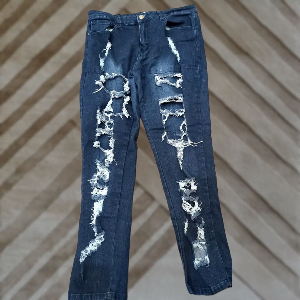 Vintage AQ Women’s Jeans Distressed Regular 5-Pocket Denim Blue Size 16 (Size 18 originally) Size 38" / US 16 / IT 52 - 1 Thumbnail
