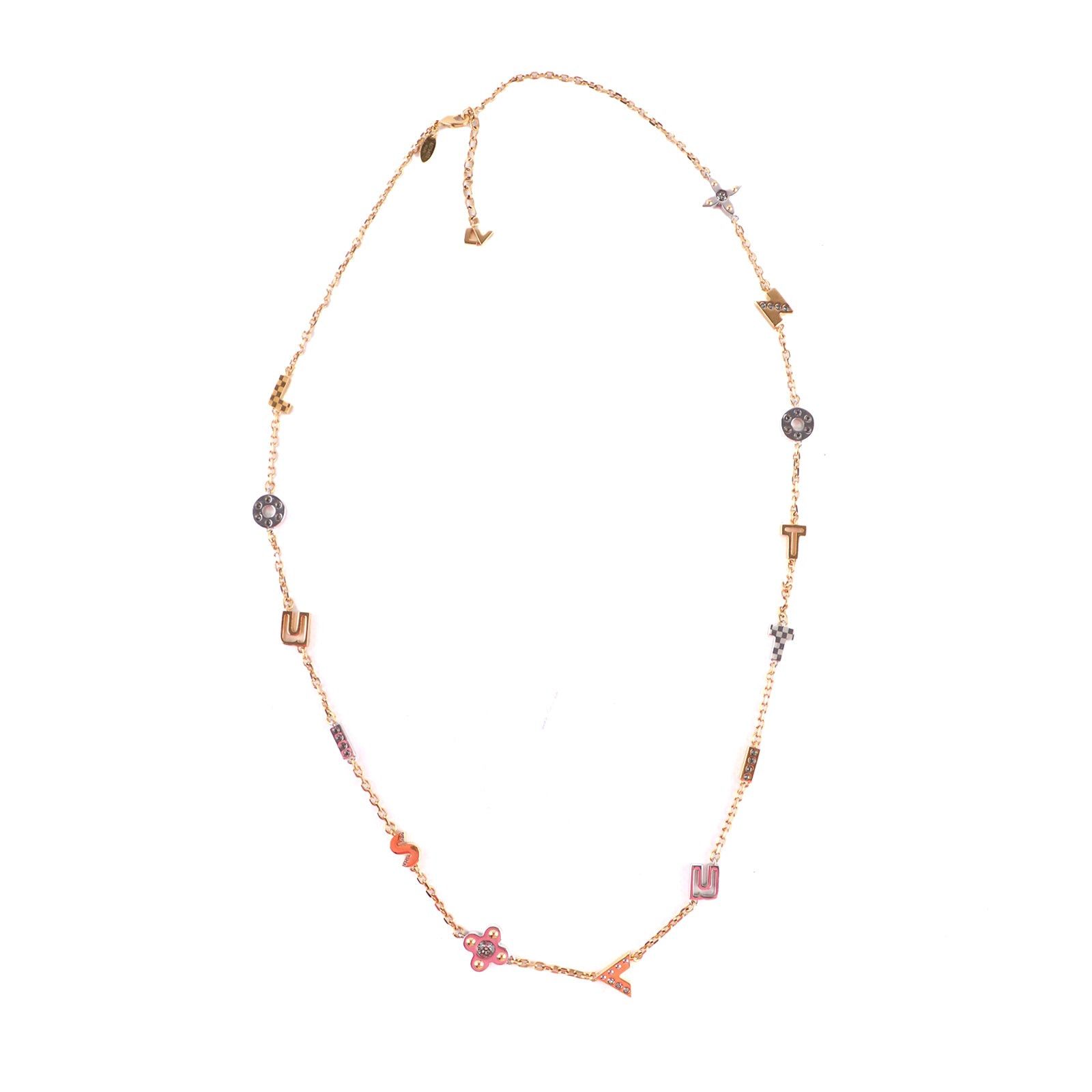 image of Louis Vuitton - Gold And Silver Love Letter Crystal Necklace, Women's