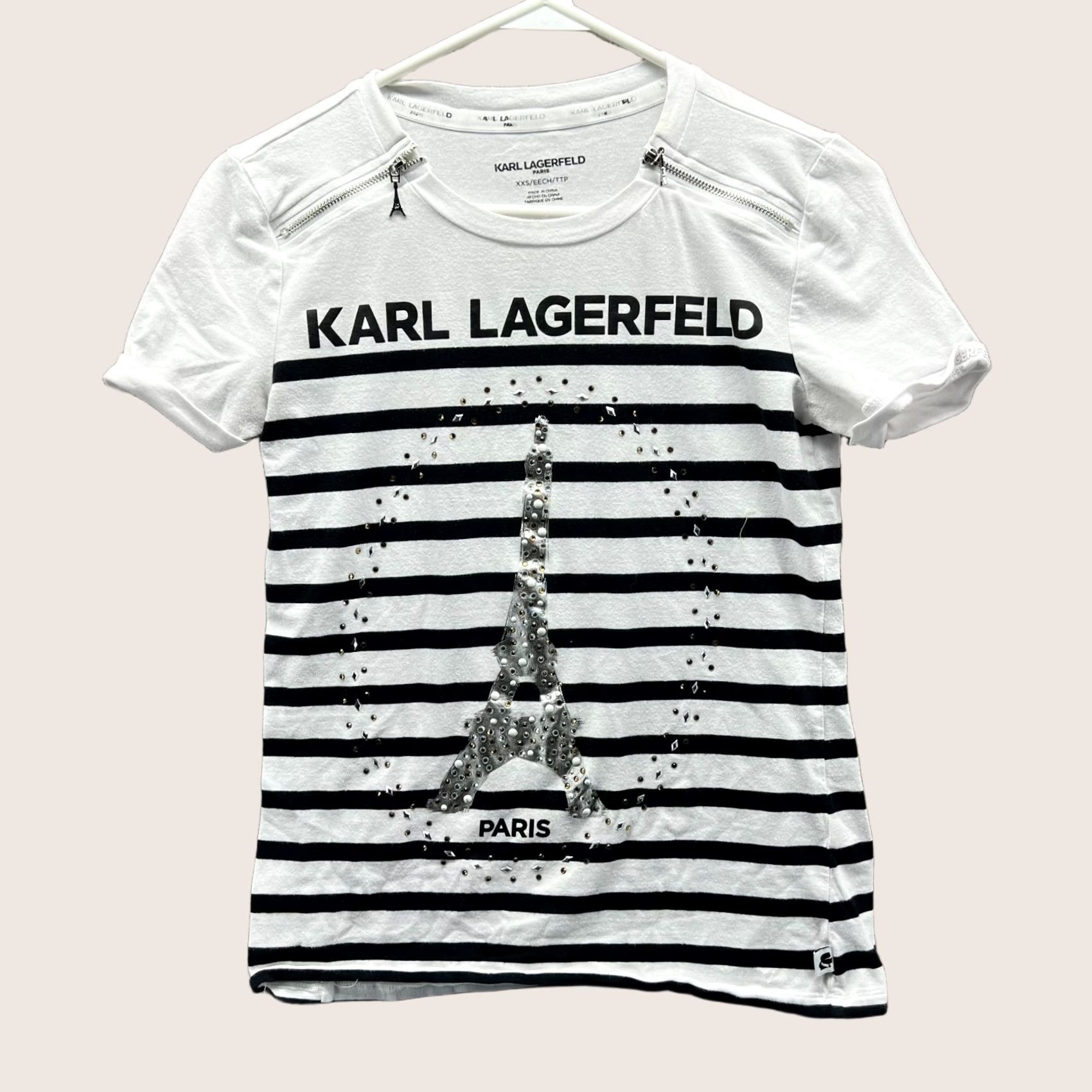 Karl Lagerfeld Karl Lagerfeld Shirt Womens XXS White Black Striped Eiffel Tower Embellished Tee Size XXS / US 00 / IT 34 - 1 Thumbnail