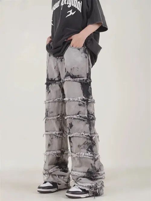Jean Striped Tassel Frayed Straight Baggy Jeans Size US 32 / EU 48 - 2 Thumbnail