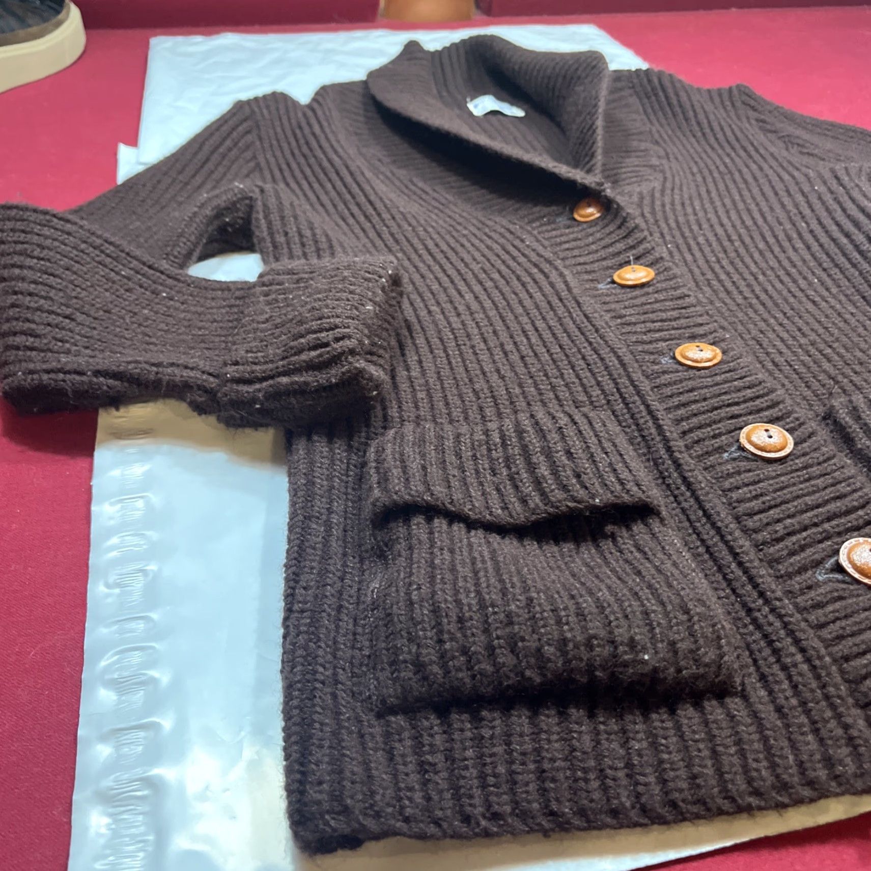 Vogue VINTAGE British Vogue Wintuk Cardigan Brown Chunky Knit - Button Front Pockets Cowl Neck L Womens Sweater Shirt (70’s) Size L / US 10 / IT 46 - 3 Thumbnail