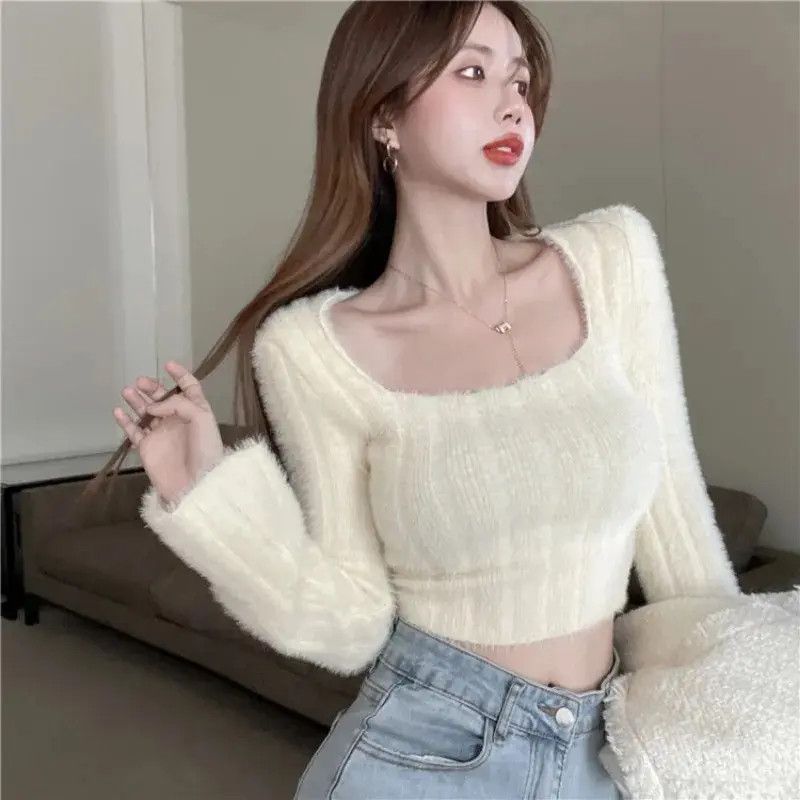 image of Vintage Autumn Winter Knitting Crop Tops Women Skinny in White
