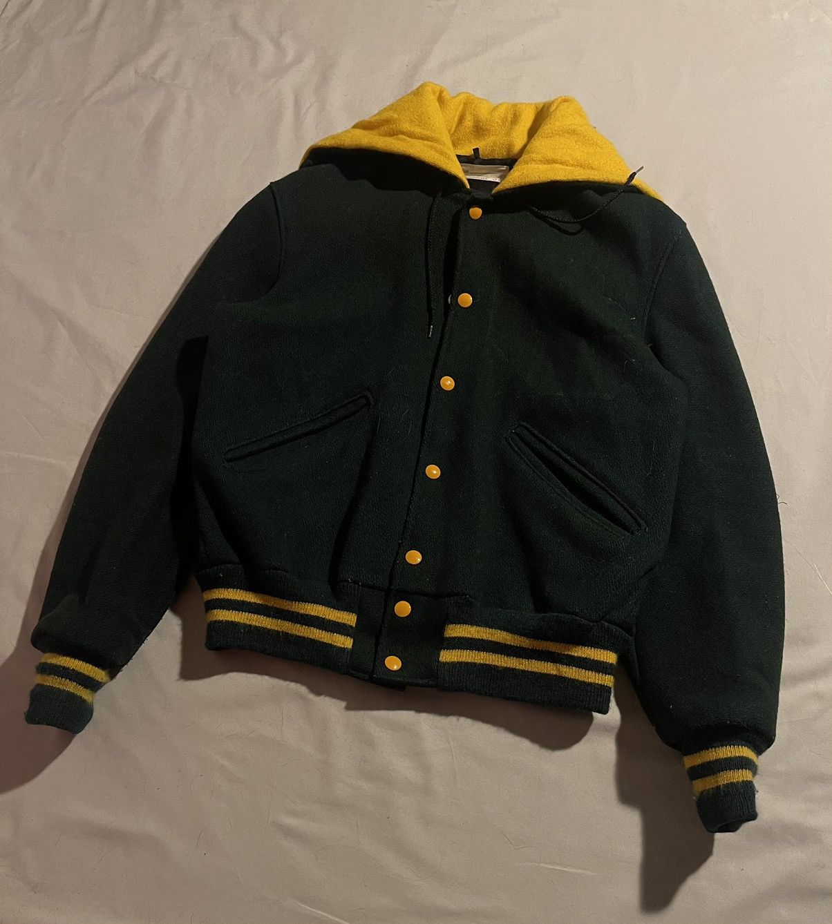 image of Delong Varsity Jackets x Varsity Jacket bomber Vintage Green And Yellow in Dark Green (Size Small)