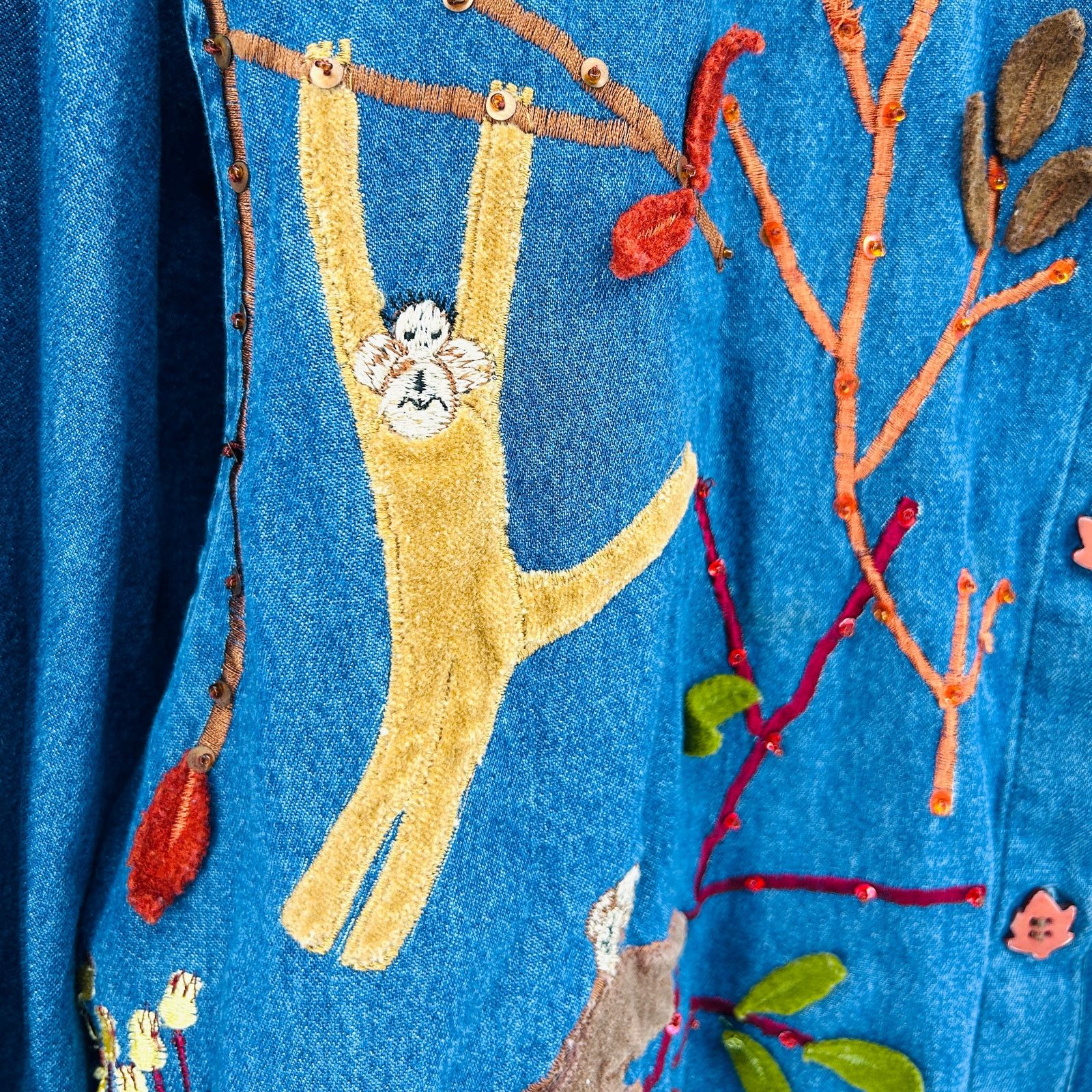 Vintage 90s Oversized Dark Blue Denim Button Down with Felt Monkeys Size XL / US 12-14 / IT 48-50 - 4 Thumbnail