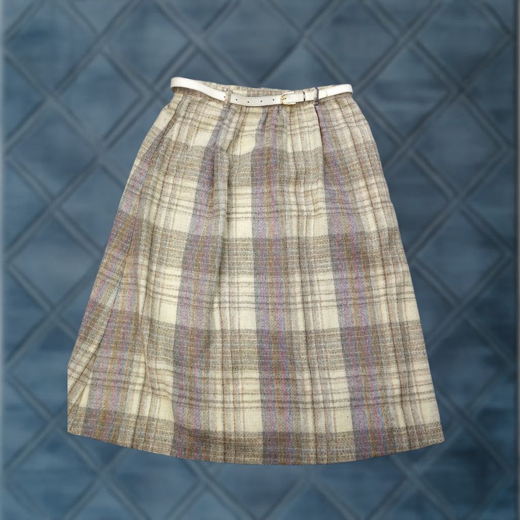 Mulberry VINTAGE Marilyn Togs Mulberry Street Women 14 Beige Plaid 100% Wool A-Line Belted Skirt Size ONE SIZE - 1 Thumbnail