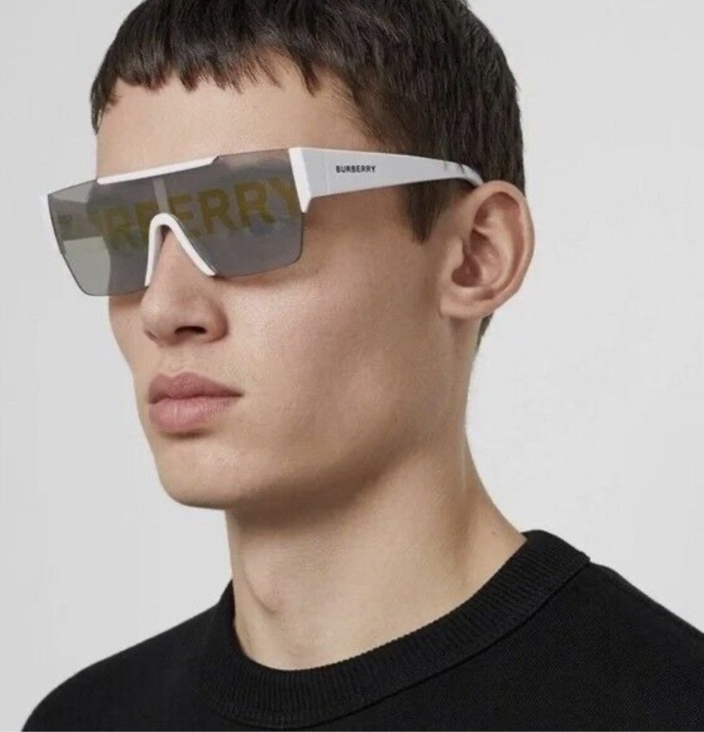 image of Burberry White Plastic Rectangle Sunglasses Silver Logo Lens, Men's