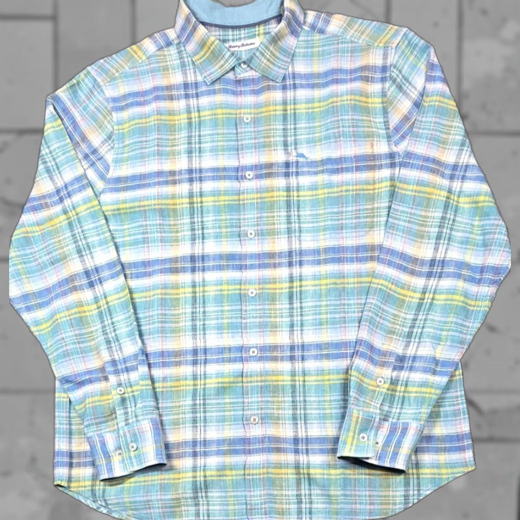 Tommy Bahama Shirt Men's XL Madras Button-Up Multicolor Linen Blend Long Sleeve
