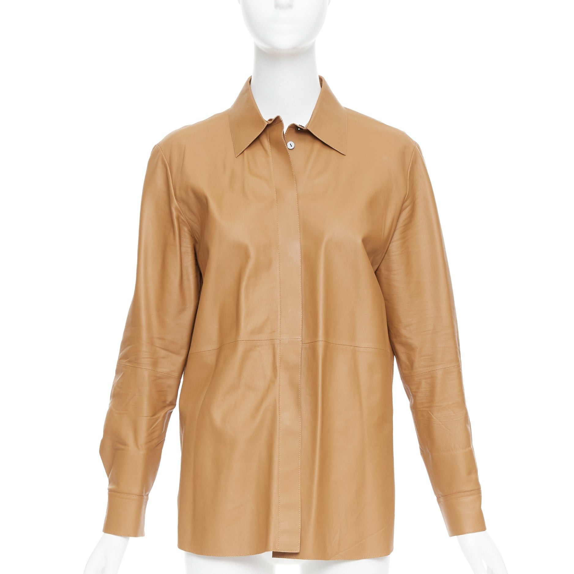 Theory THEORY L Nappa Shine brown lambskin leather panelled shirt XS Size S / US 4 / IT 40 - 1 Thumbnail