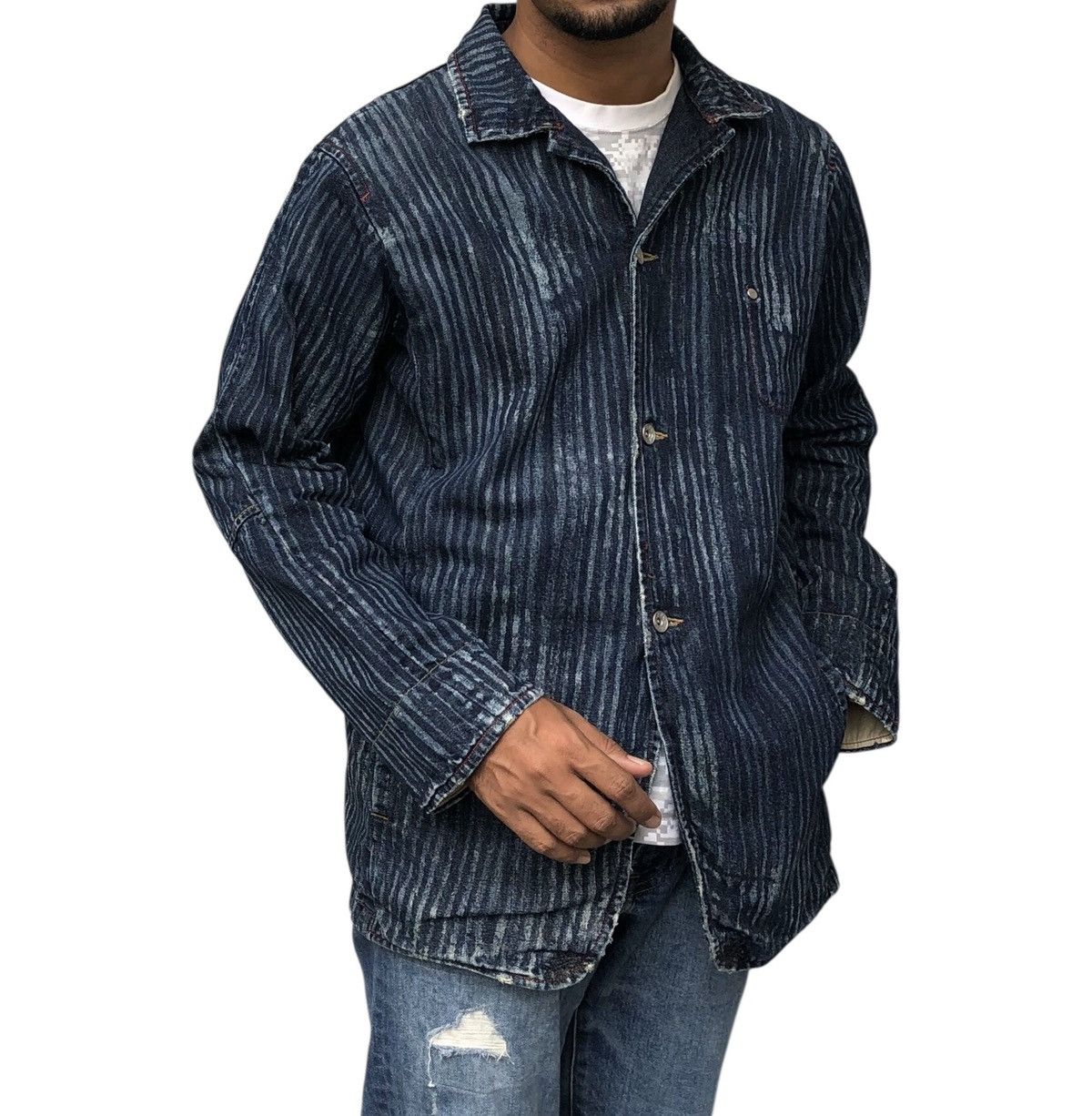 Japanese Brand Japanese Pwpl Riot Striped Indigo Workers Chore Denim Jacket Size US L / EU 52-54 / 3 - 5 Thumbnail