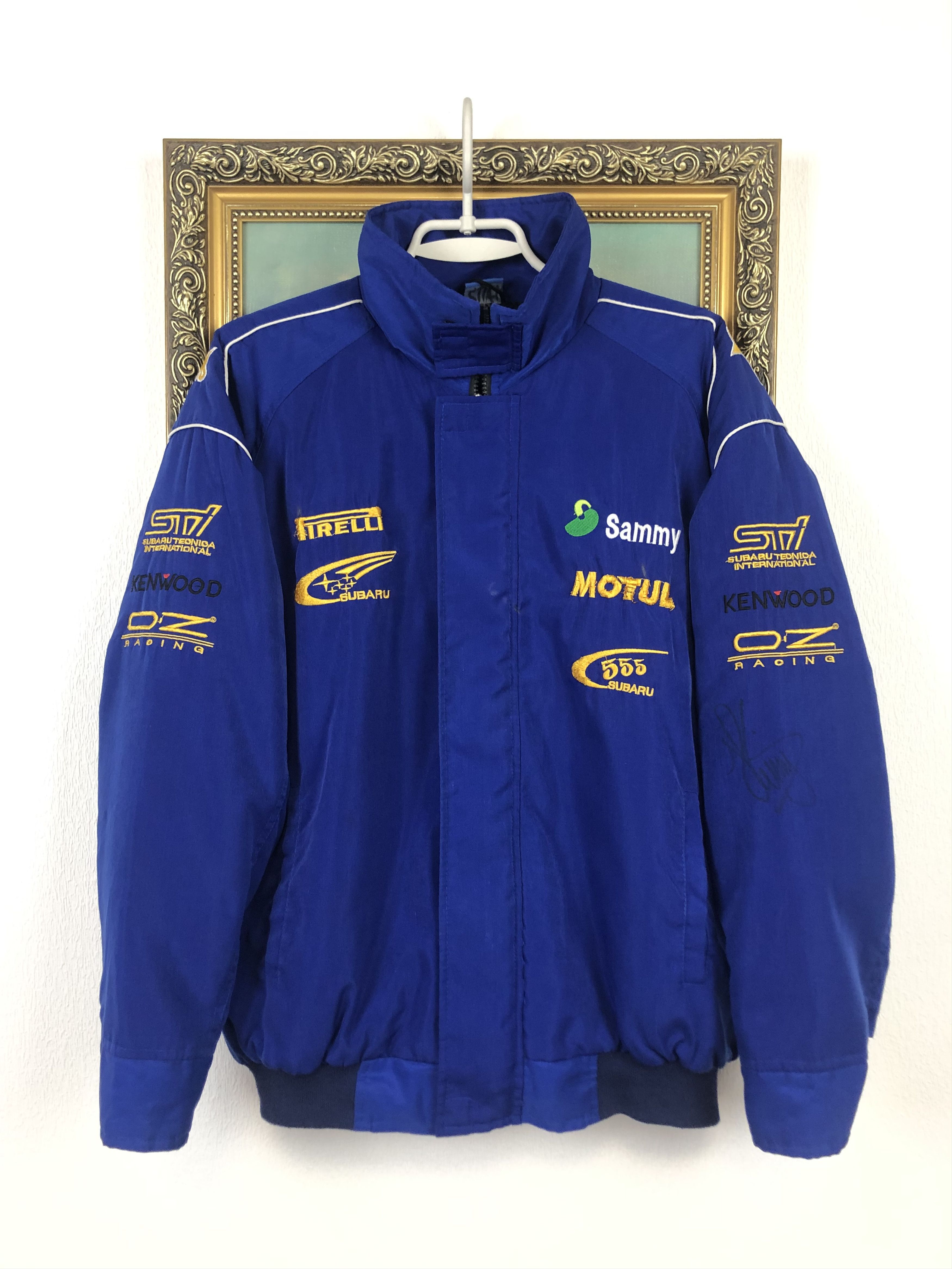 image of Racing Vintage Subaru World Rally Team Bomber Jacket Signed in Blue, Men's (Size Medium)