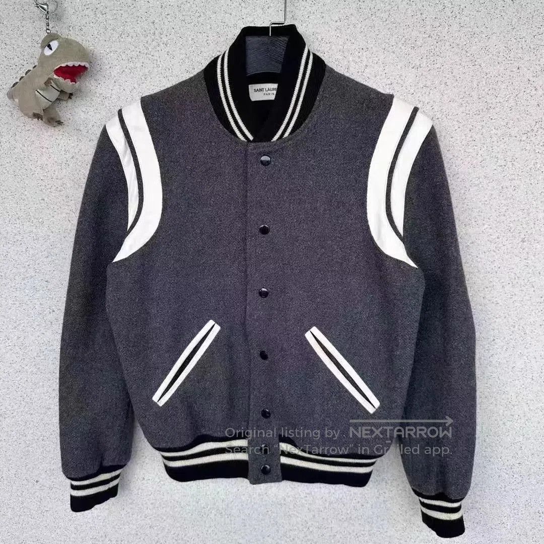 Saint Laurent Paris Gray Varsity Bomber Jacket with White Accents - S. Size US S / EU 44-46 / 1 - 1 Thumbnail