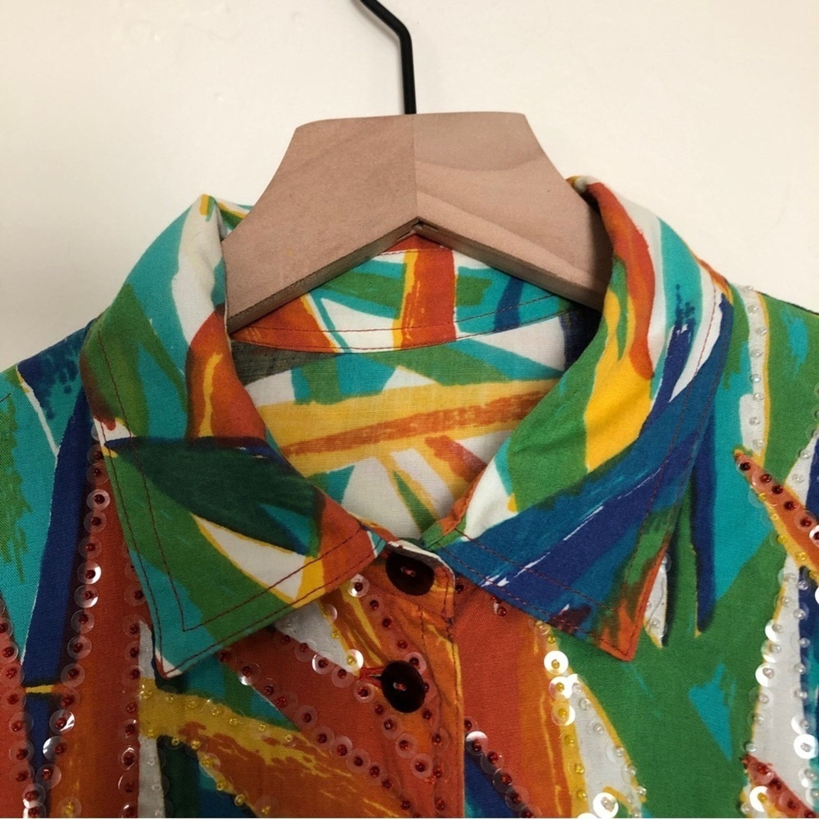 Other Multicolor Tropical Sequin Button Up Shirt Blouse Top Size L / US 10 / IT 46 - 4 Thumbnail
