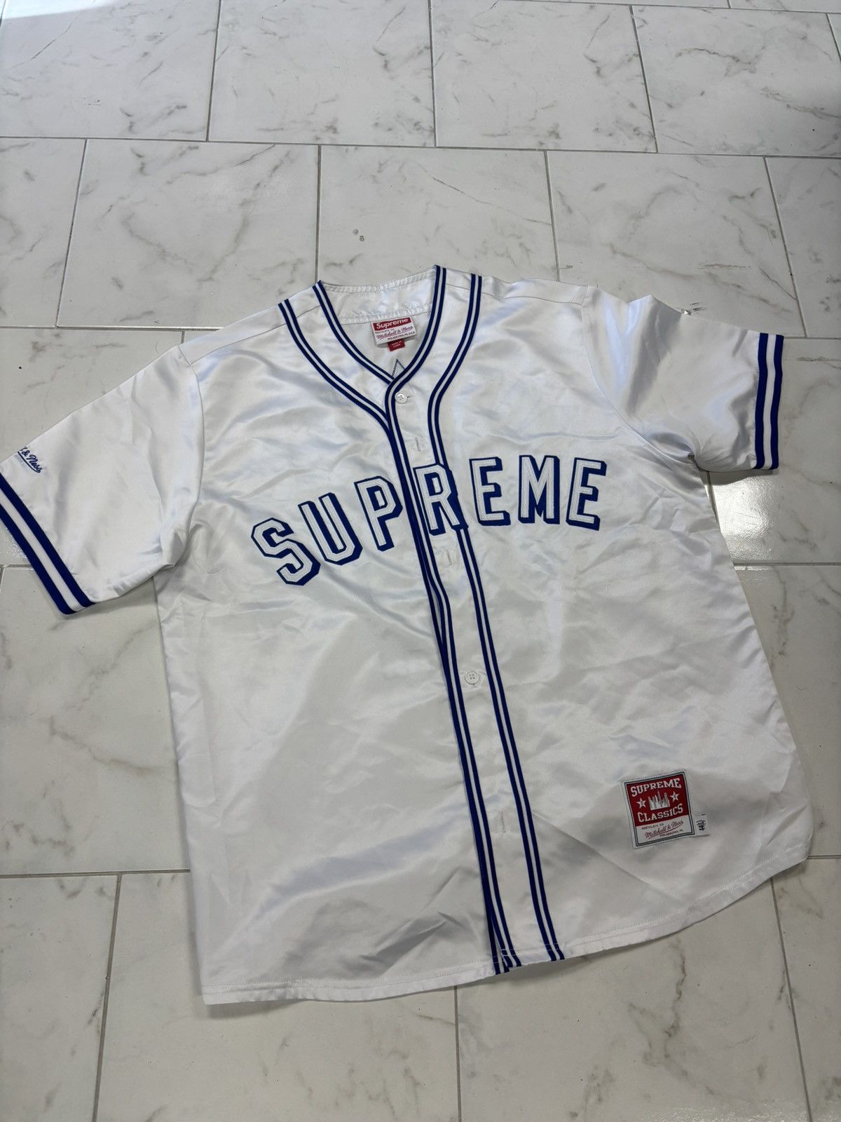 Mitchell & Ness × Supreme Supreme Mitchell and Ness Satin Baseball jersey white Size US L / EU 52-54 / 3 - 1 Thumbnail