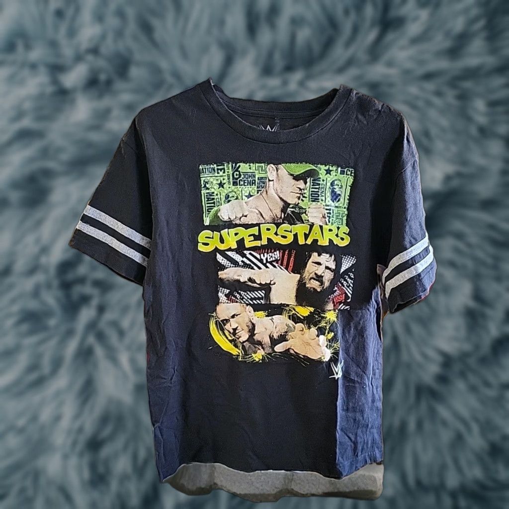 Vintage WWE Women's XL T-Shirt Black John Cena WWE Superstars Graphic Print Crew Neck Short Sleeve Striped Sleeves Cotton Regular Fit Size XL / US 12-14 / IT 48-50 - 1 Thumbnail