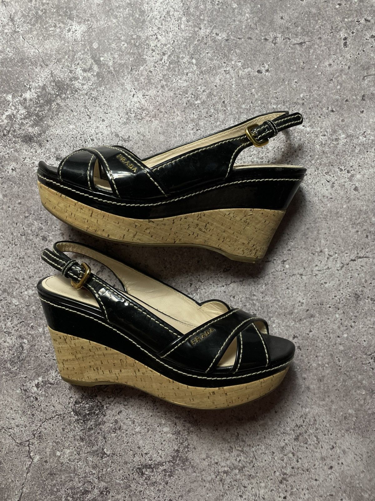 Prada PRADA Patent leather wedge sole cork black women's size 37 Size US 7 / IT 37 - 1 Thumbnail
