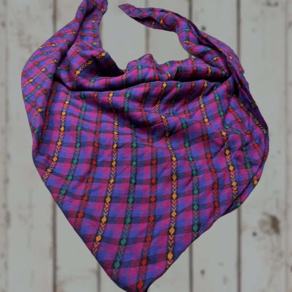 Triangl VINTAGE OLIVER PEASE Shawl/Wrap Triangle Scarf Women 66” 28” Purple Pink Blue Geometric Checkered Fringe Tasseled Bohemian 80s 90s Nylon Rayon-Blend Size ONE SIZE - 1 Thumbnail