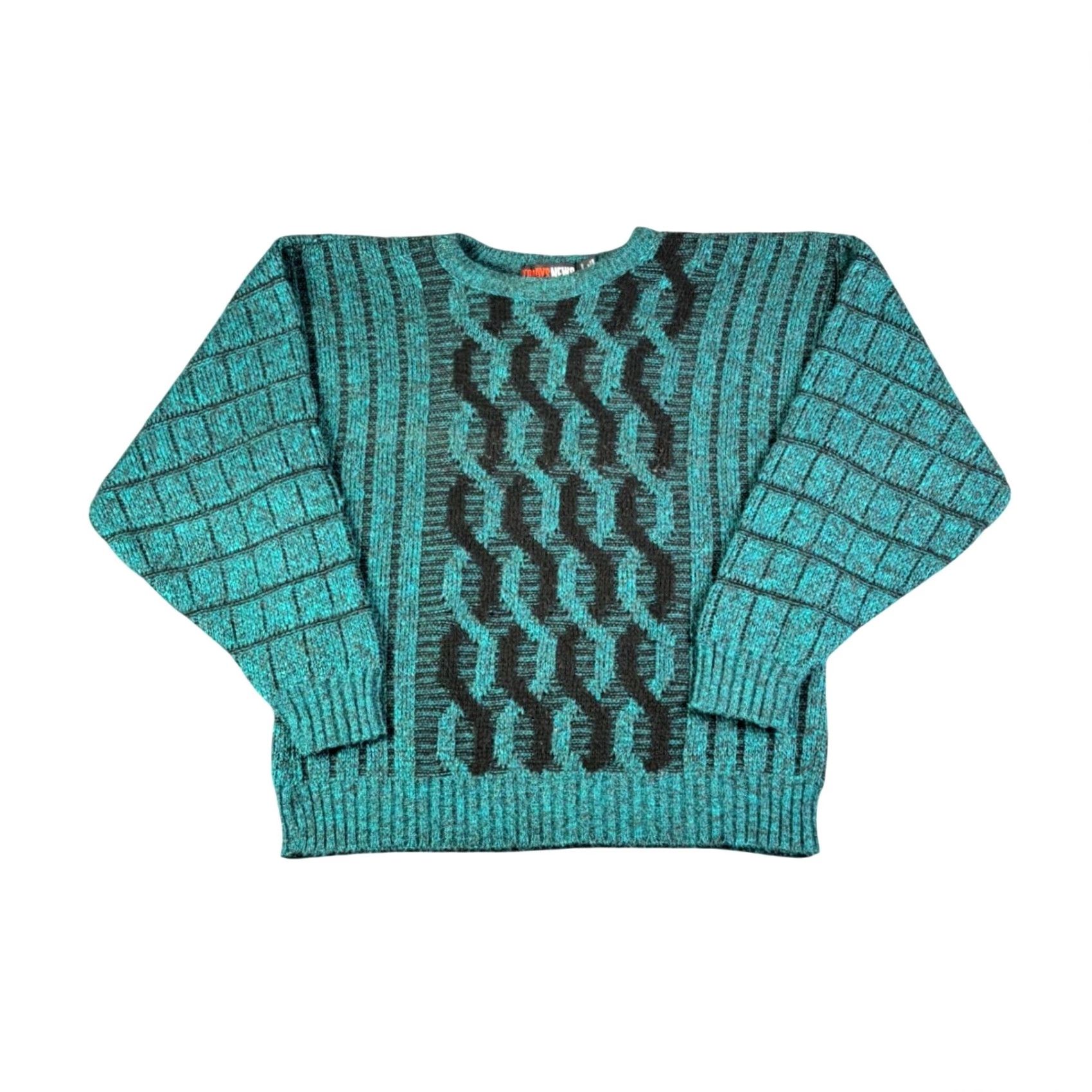 Altea VINTAGE TODAYS NEWS Teal Black Cable Knit Crewneck Sweater Mens L Acrylic Geometric 90s Baggy Crew Neck Mens L Green Size US L / EU 52-54 / 3 - 2 Thumbnail