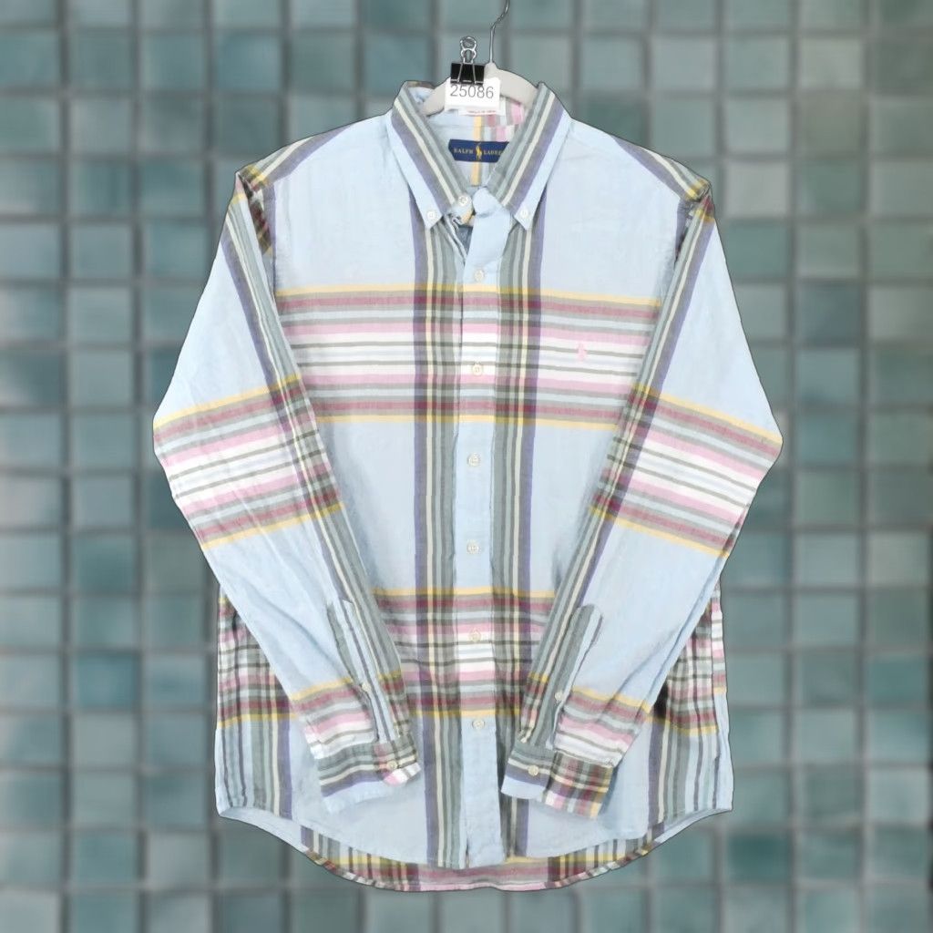 Ralph Lauren Shirt Mens Medium Long Sleeve Button Up Blue Plaid Woven Madras