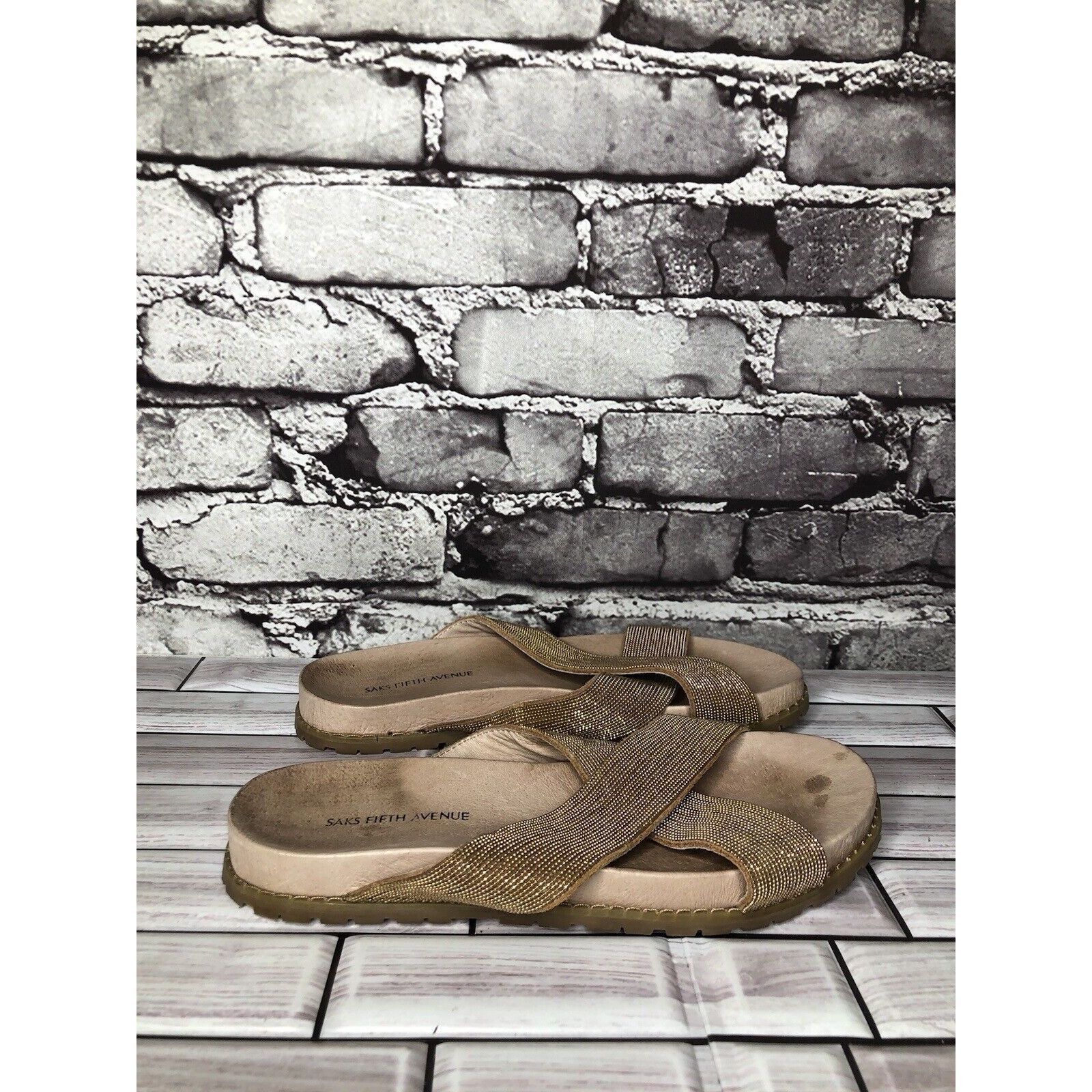 Saks Fifth Avenue Saks Fifth Avenue Tan Gold Beaded Slide Leather Casual Sanda Size US 6 / IT 36 - 12 Thumbnail