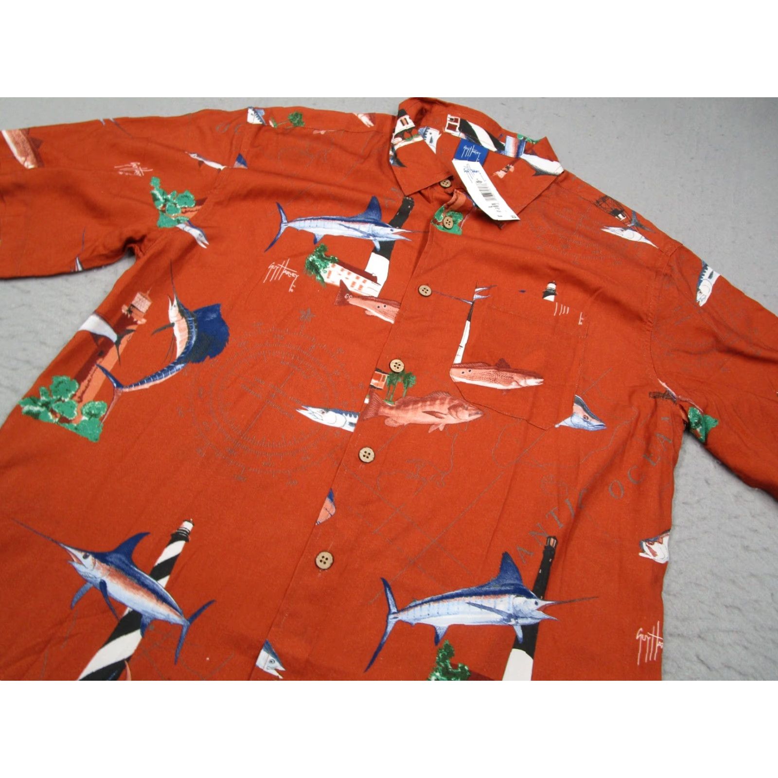 Guy Harvey AFTCO Guy Harvey Men's Large Orange Short Sleeve Button-Up Hawaiian Shirt Marlin Lighthouse Geometric Tropical 70s 80s Size US L / EU 52-54 / 3 - 2 Thumbnail