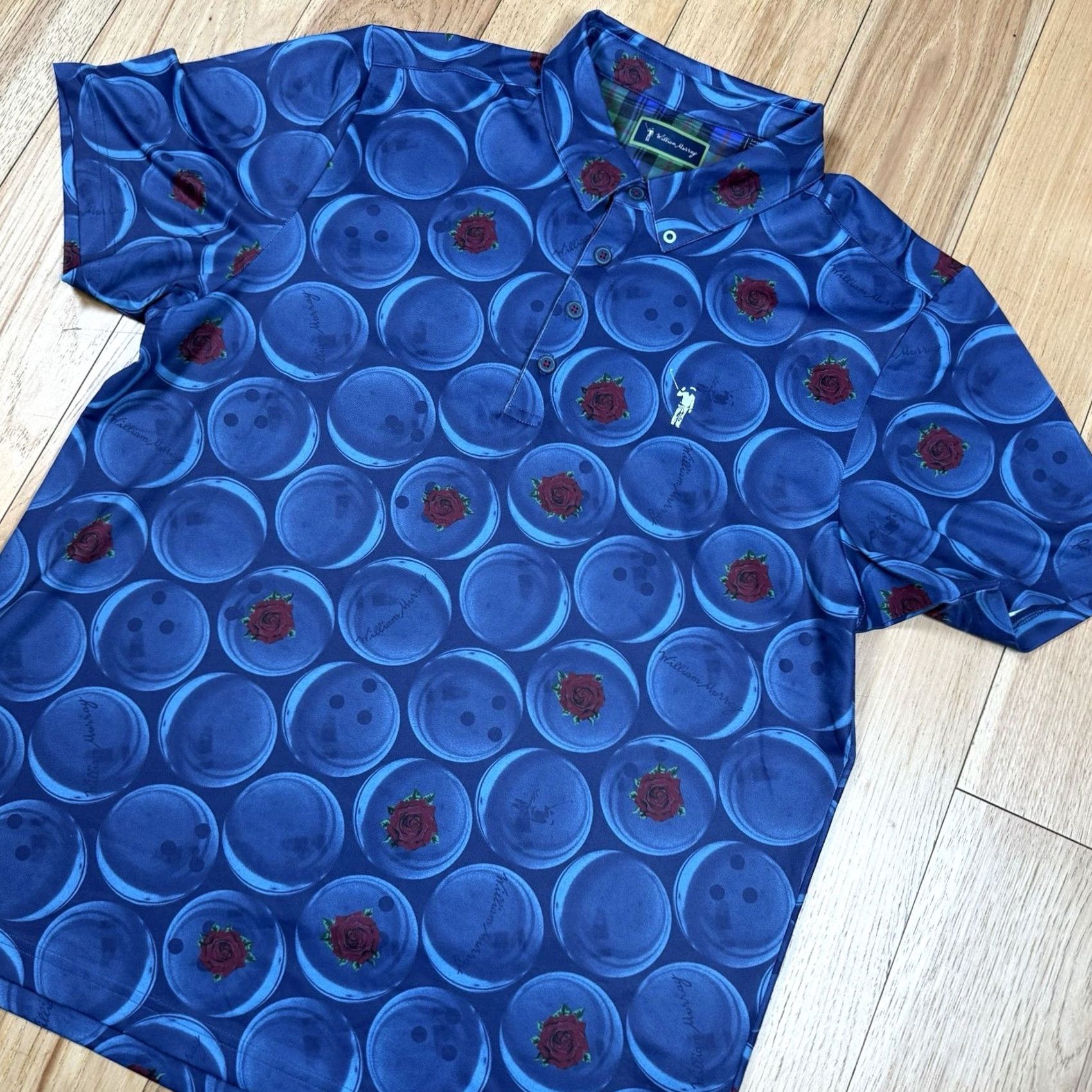 Vintage William Murray Polo Mens Large Blue Floral Bowling Ball Performance Golf Shirt Size US L / EU 52-54 / 3 - 2 Thumbnail