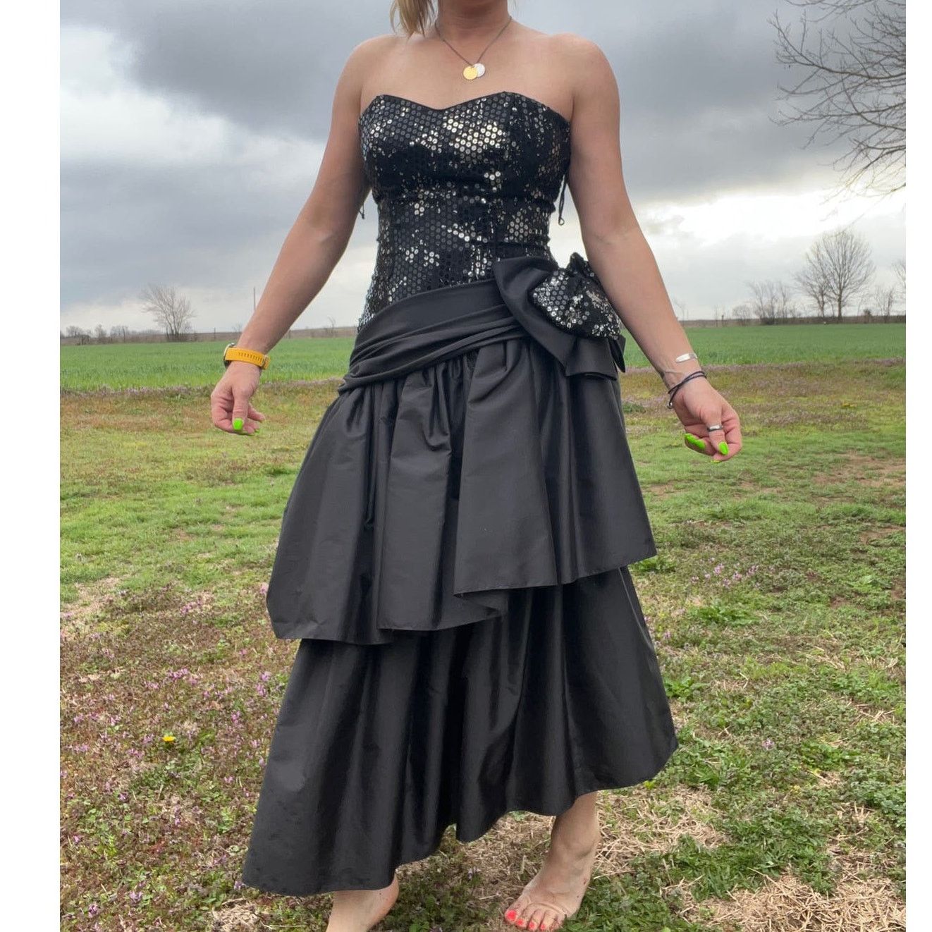 image of Vintage 80's Black Sweetheart Ruffles Bow Sequin Tiered Prom Dress M, Women's (Size Medium)