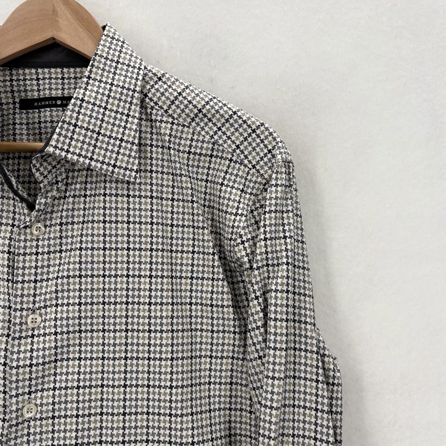 Vintage Hammer Made Shirt Mens Large Gray Houndstooth Slim Button Front Contrast Cuff Size US L / EU 52-54 / 3 - 2 Thumbnail